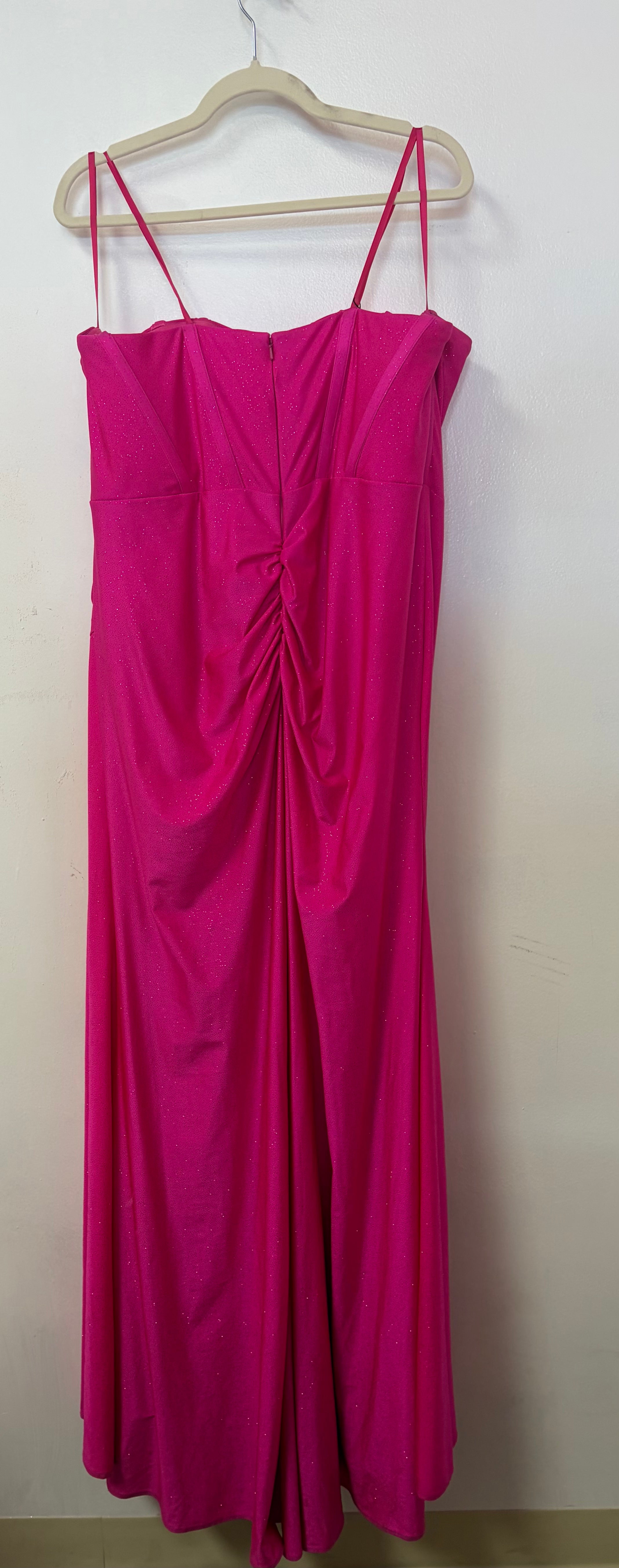 Sydney’s Closet SC7390 Fuchsia Satin Appliqué Plus Size Prom Dress with Draped Skirt