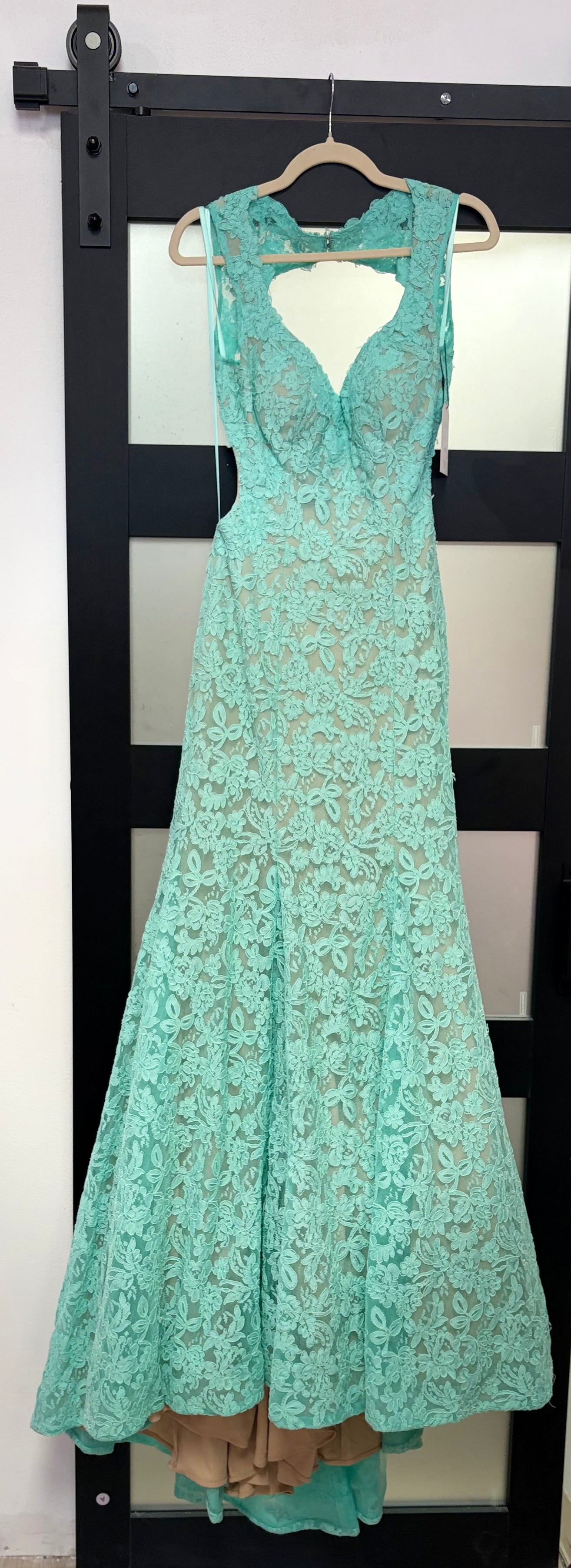 La Femme 20117 Mint Lace Mermaid Gown with Open Keyhole Back