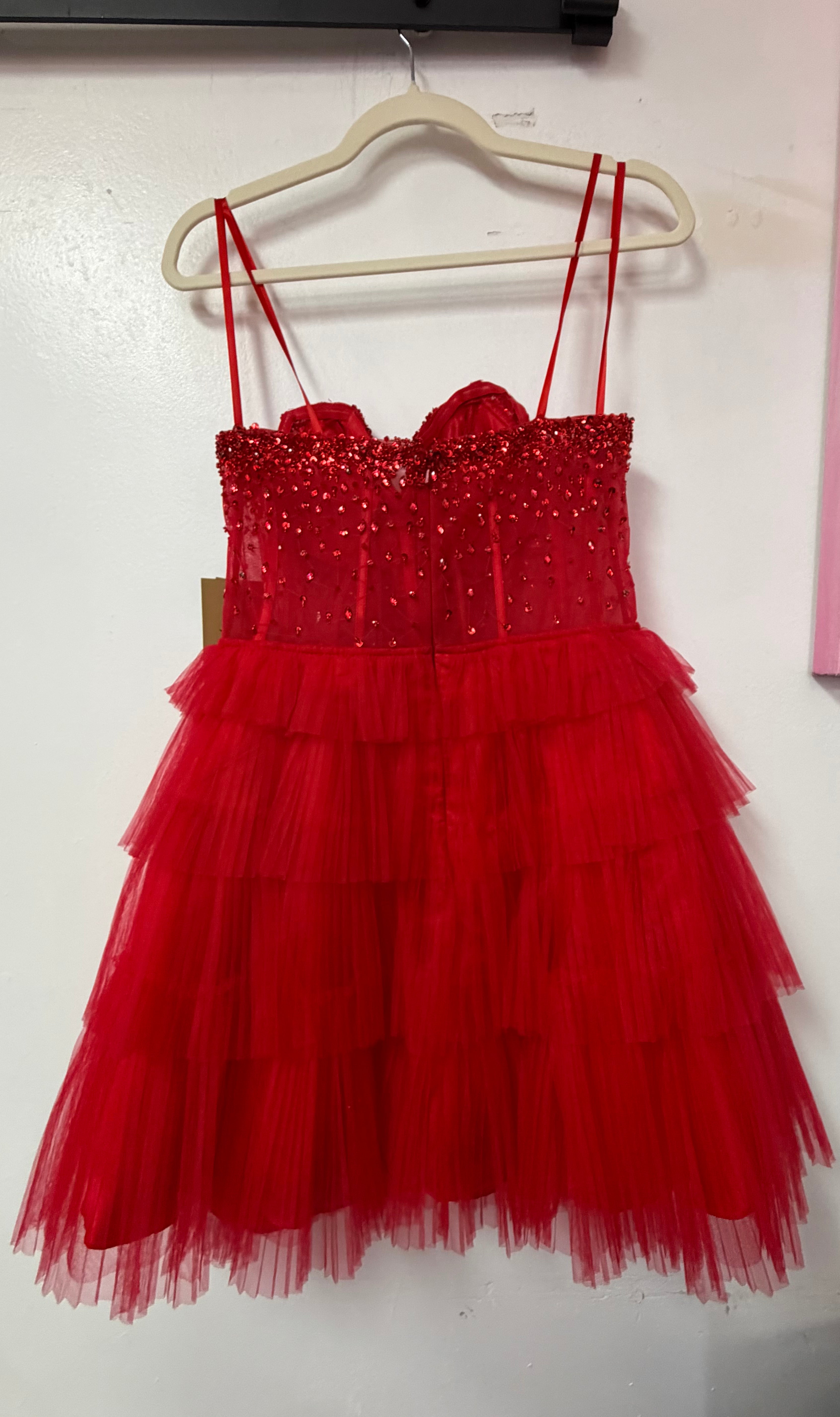 Amelia Couture BZ9999S Red Beaded Tiered Tulle Short Dress