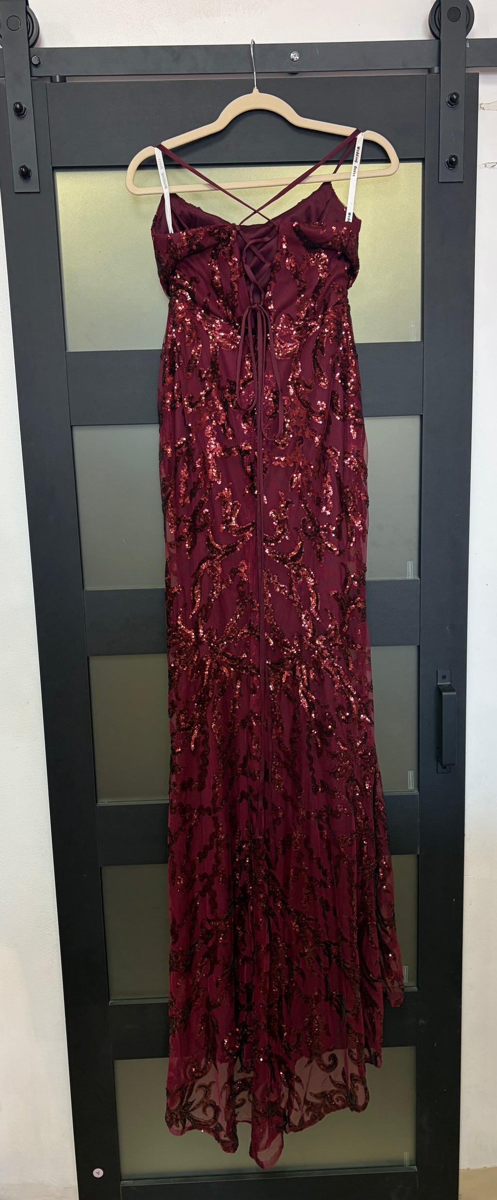 Burgundy Sequin Lace-Up Gown