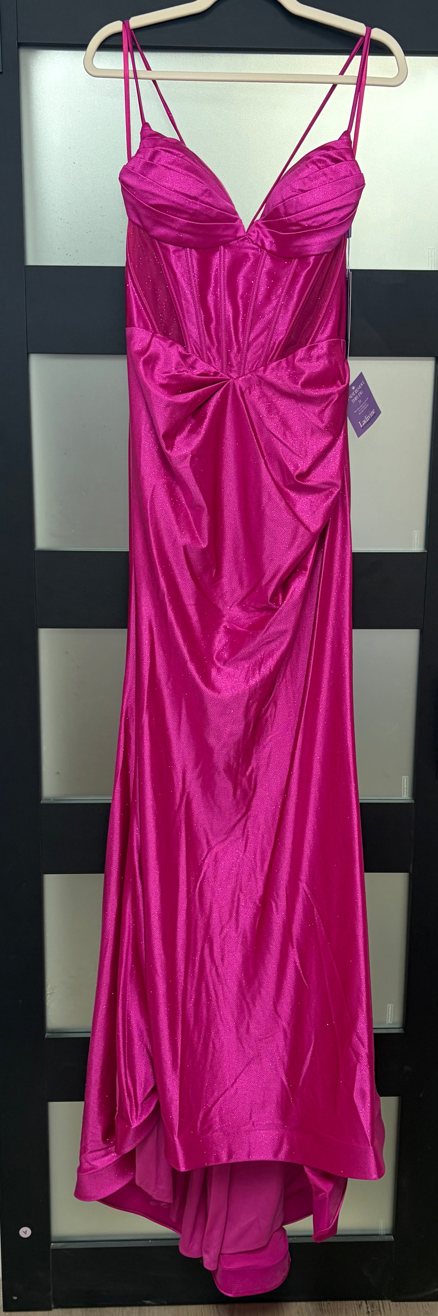 LaDivine CC2397 Hot Pink Glitter Satin Corset Prom Dress with Lace-Up Back