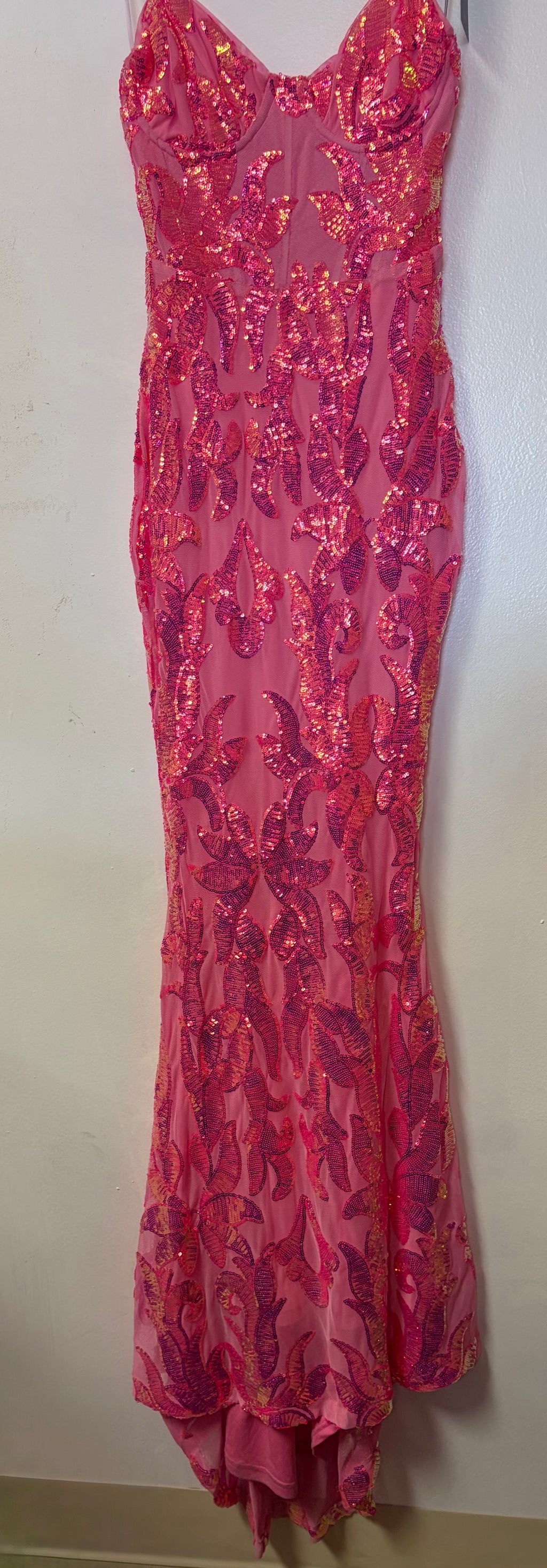 Lulus Hot Pink Sequin Embroidered Mermaid Formal Gown with Illusion Corset Bodice