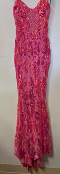 Lulus Hot Pink Sequin Embroidered Mermaid Formal Gown with Illusion Corset Bodice
