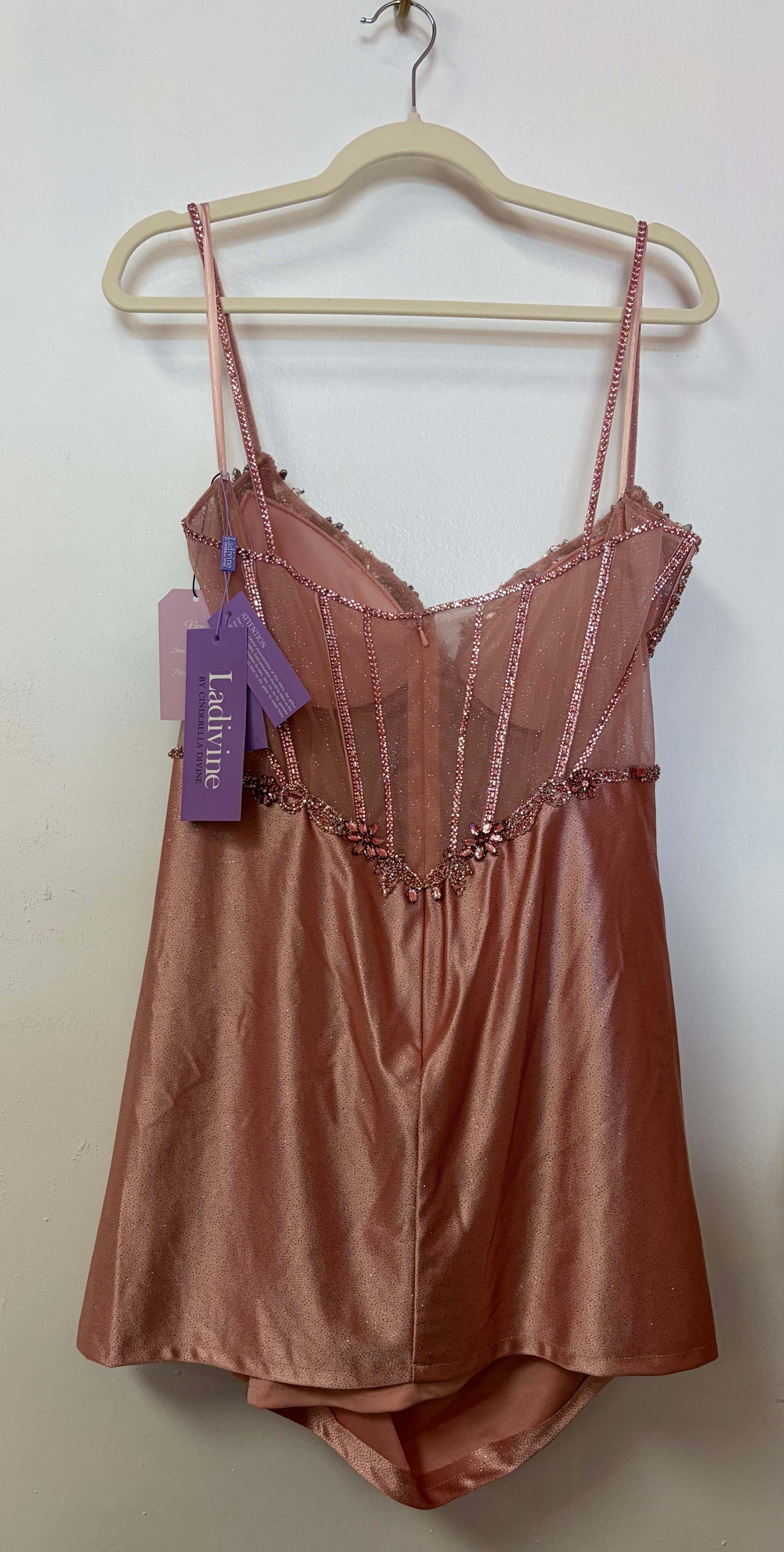 LaDivine CC503 Rose Gold Embellished Corset Homecoming Dress with Beaded Floral Appliqué