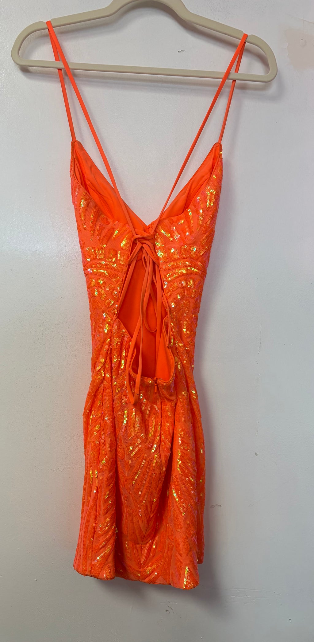 La Femme 31732 Neon Orange Iridescent Sequin Lace-Up Back Homecoming Dress