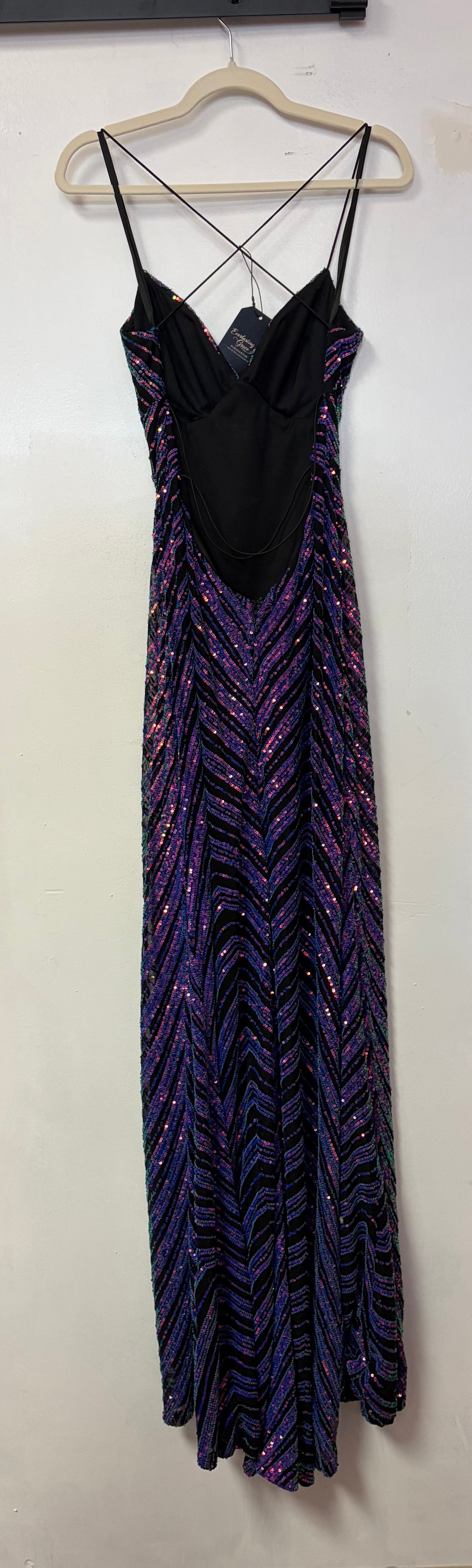 B Darlin Black Iridescent Sequin Mermaid Prom Gown with Open Back