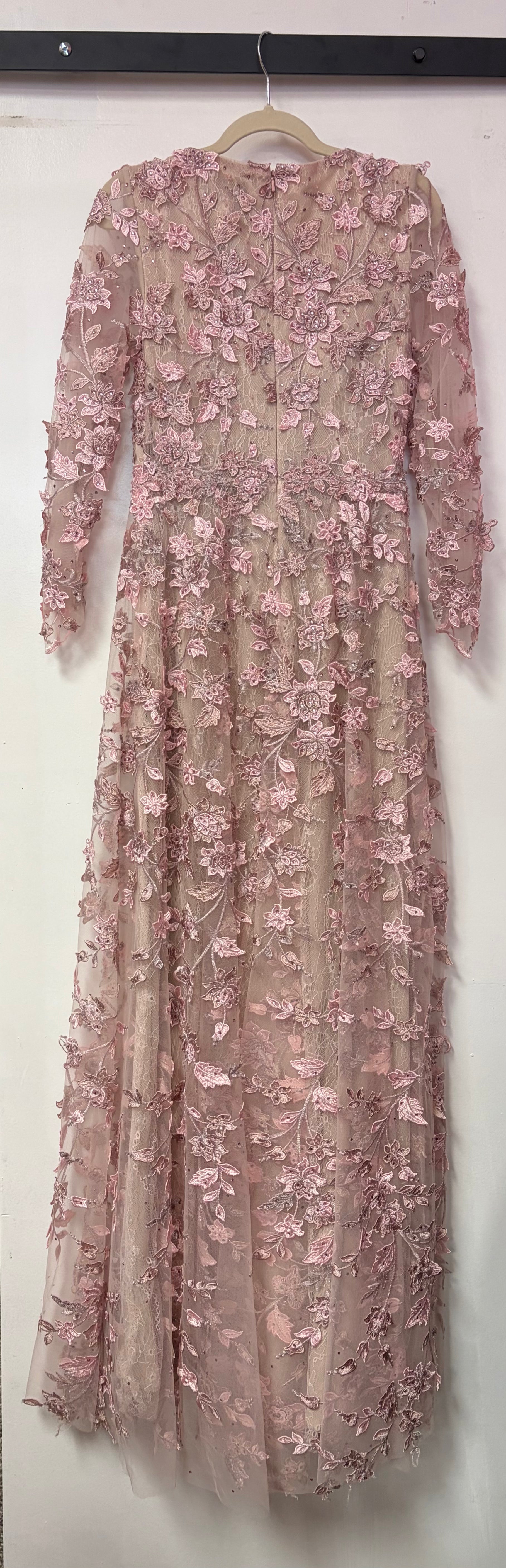 Mac Duggal 70224 Rose Pink Floral Appliqué Long Sleeve Illusion Formal Gown