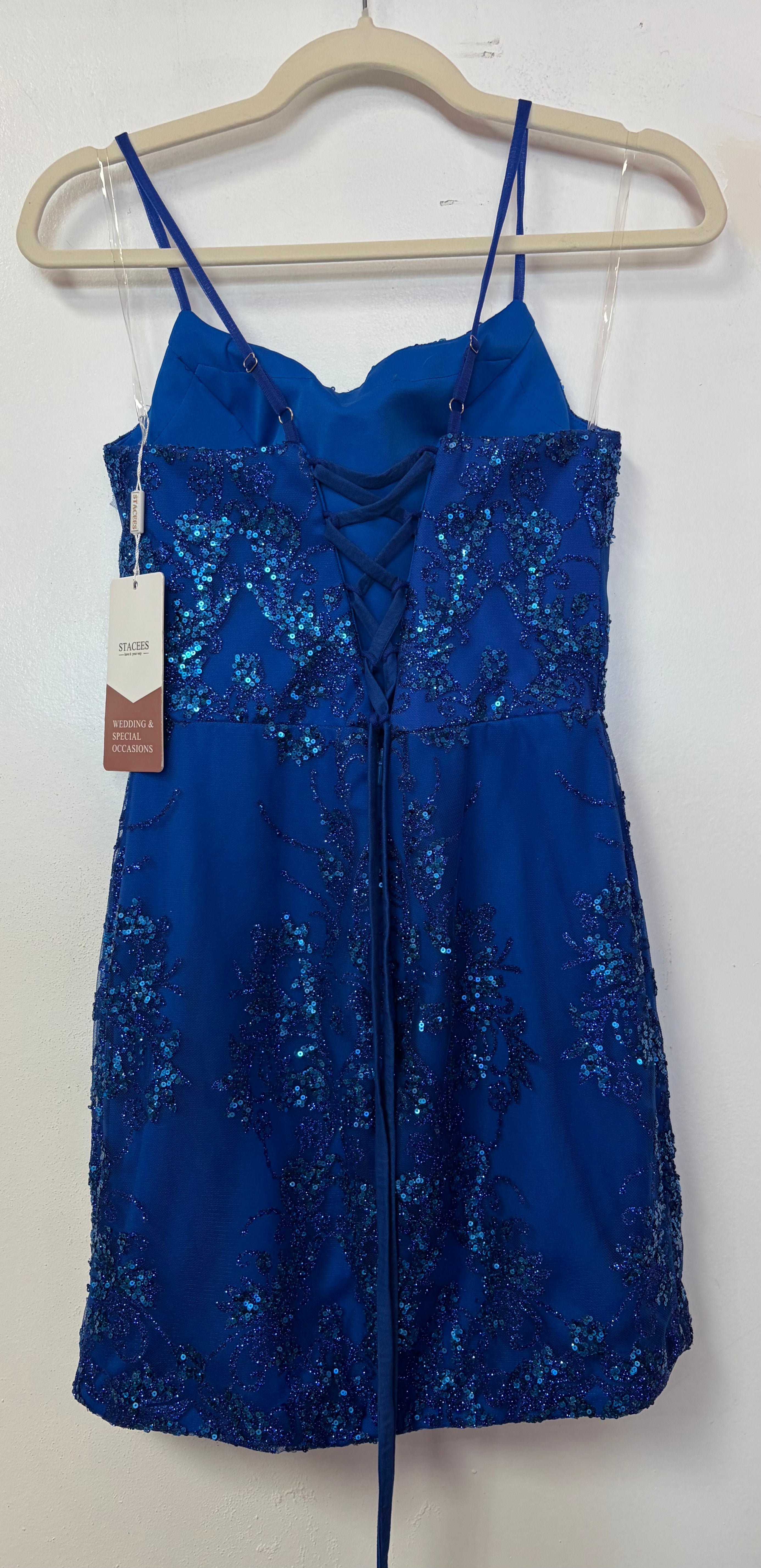 Stacees Royal Blue Sequin Lace-Up Homecoming Dress