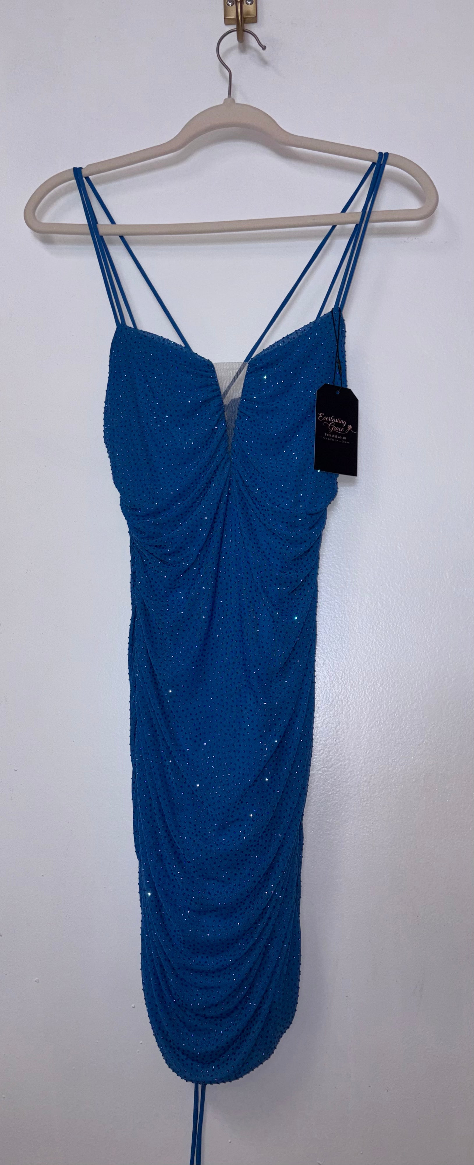 Alyce Paris Ocean Blue Rhinestone Ruched Midi Dress
