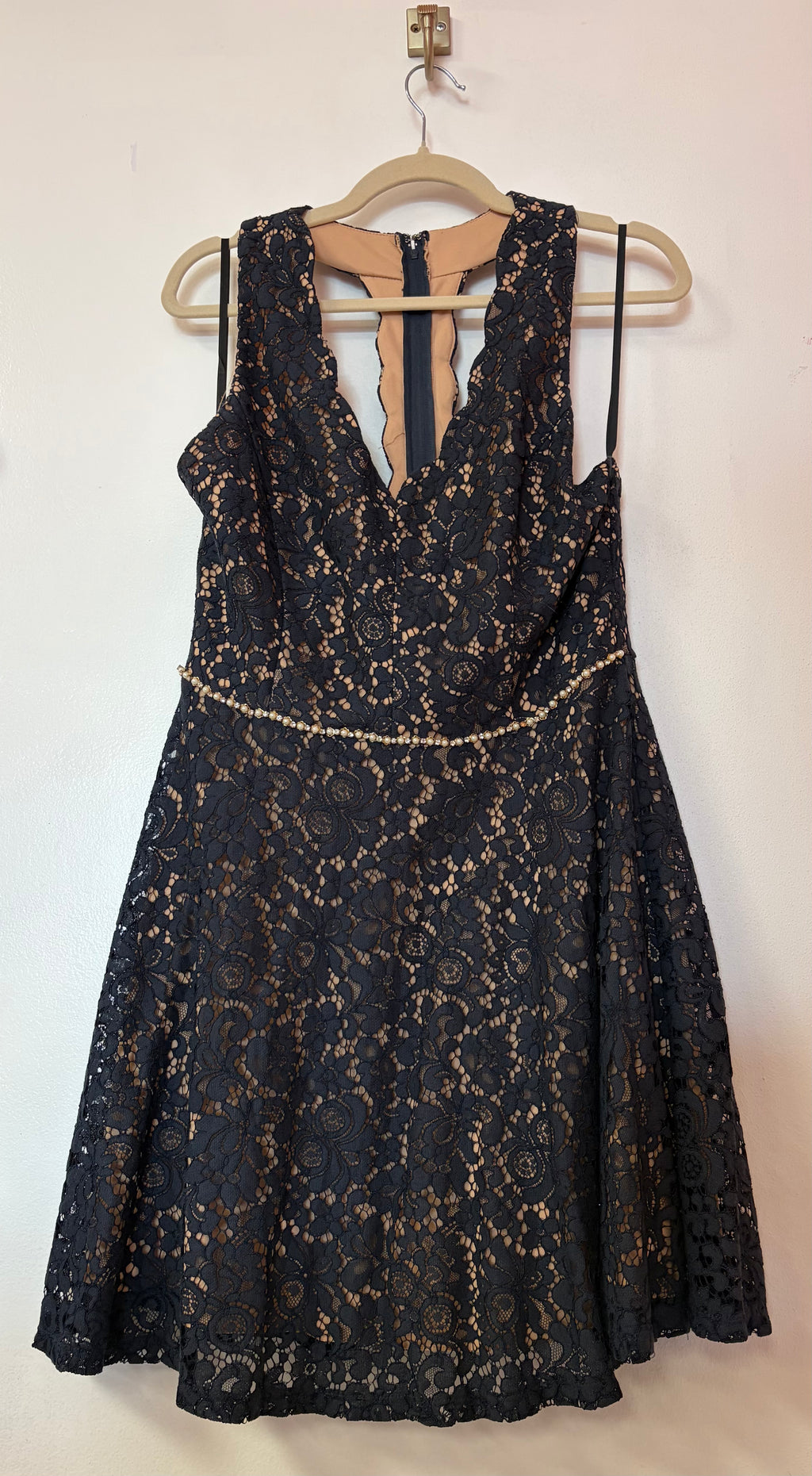 Navy Lace Fit & Flare Homecoming Dress with Pearl Embellished Waistline