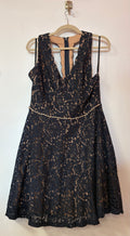 Navy Lace Fit & Flare Homecoming Dress with Pearl Embellished Waistline