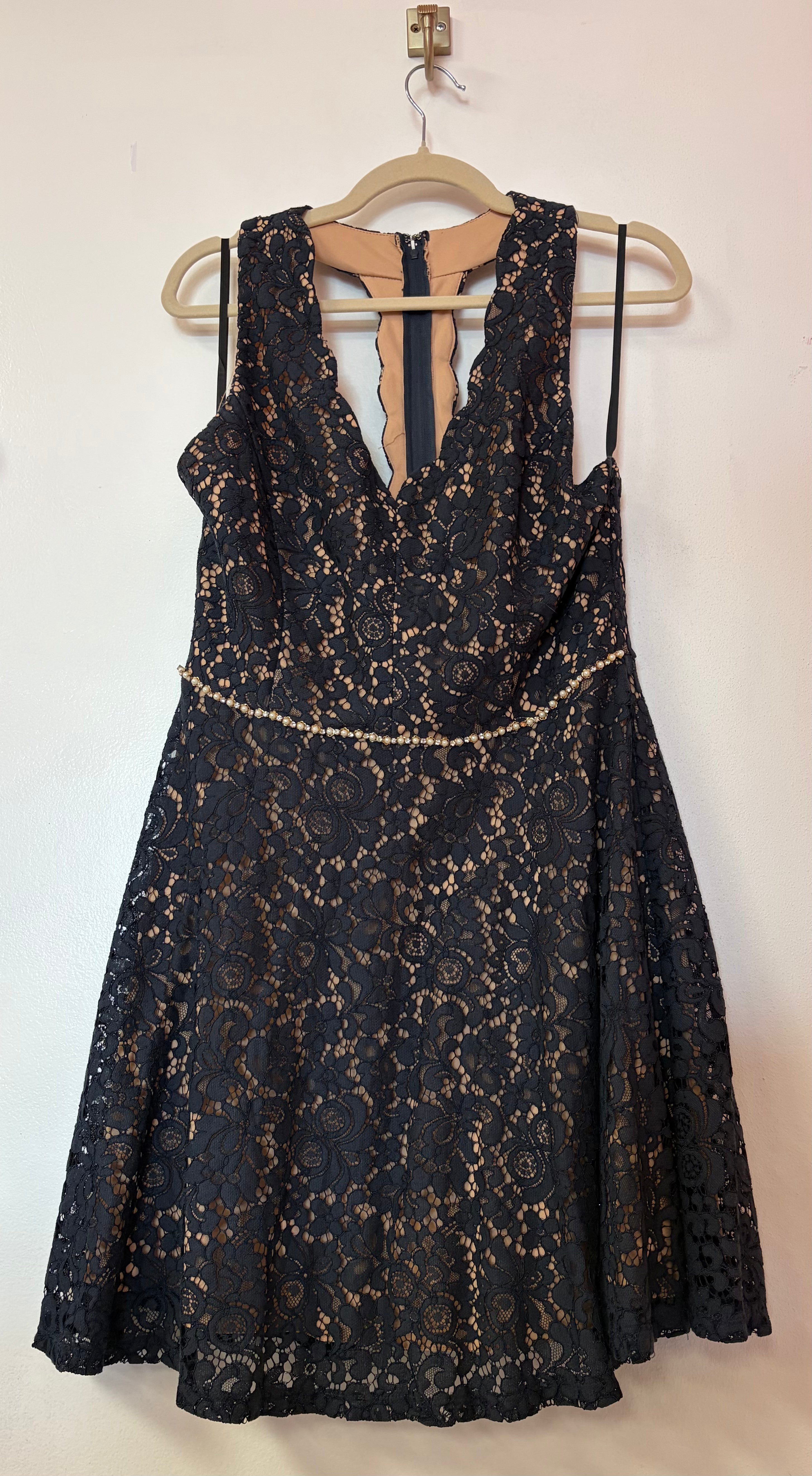 Navy Lace Fit & Flare Homecoming Dress with Pearl Embellished Waistline