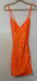 La Femme 31732 Neon Orange Iridescent Sequin Lace-Up Back Homecoming Dress