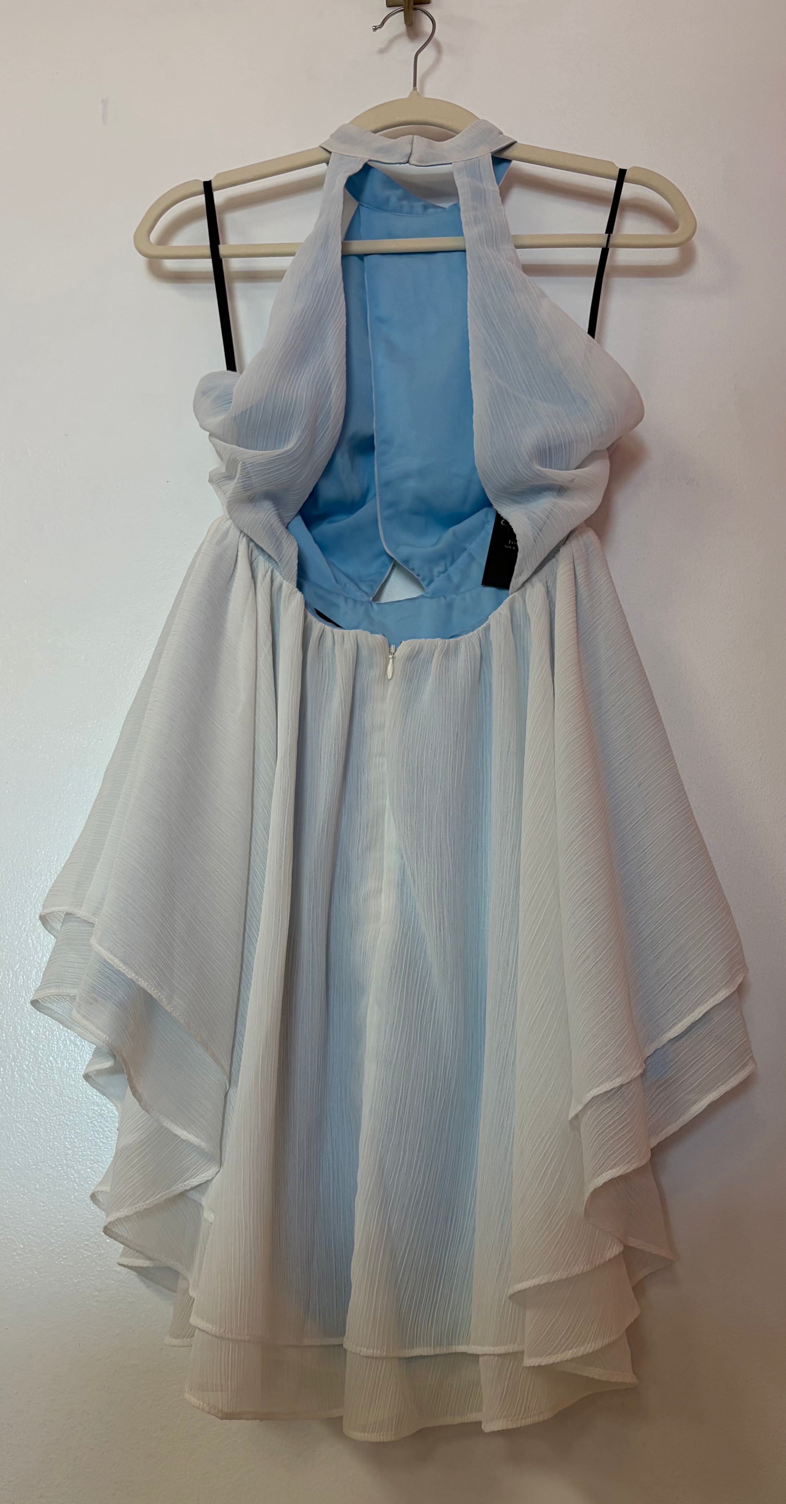 Michael Costello x REVOLVE White Halter Mini Dress with Open Back and Powder Blue Lining