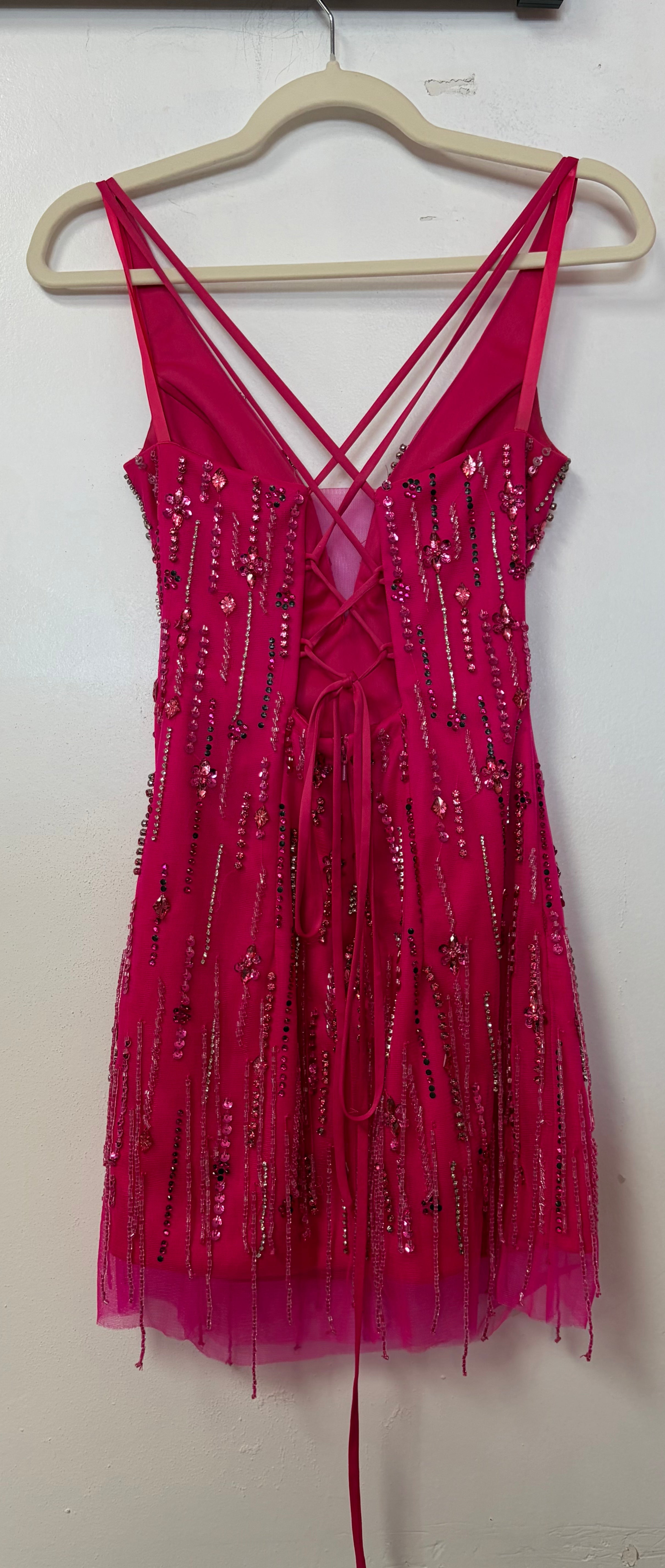 Colors Dress 2830 Hot Pink Beaded Lace-Up Homecoming Dress