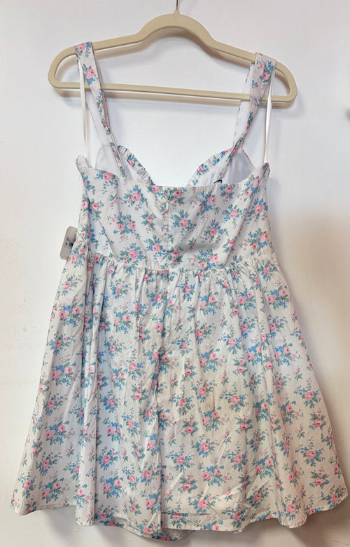 Altar’d State Ivory Floral Cottagecore Mini Dress with Draped Bust and Wide Straps