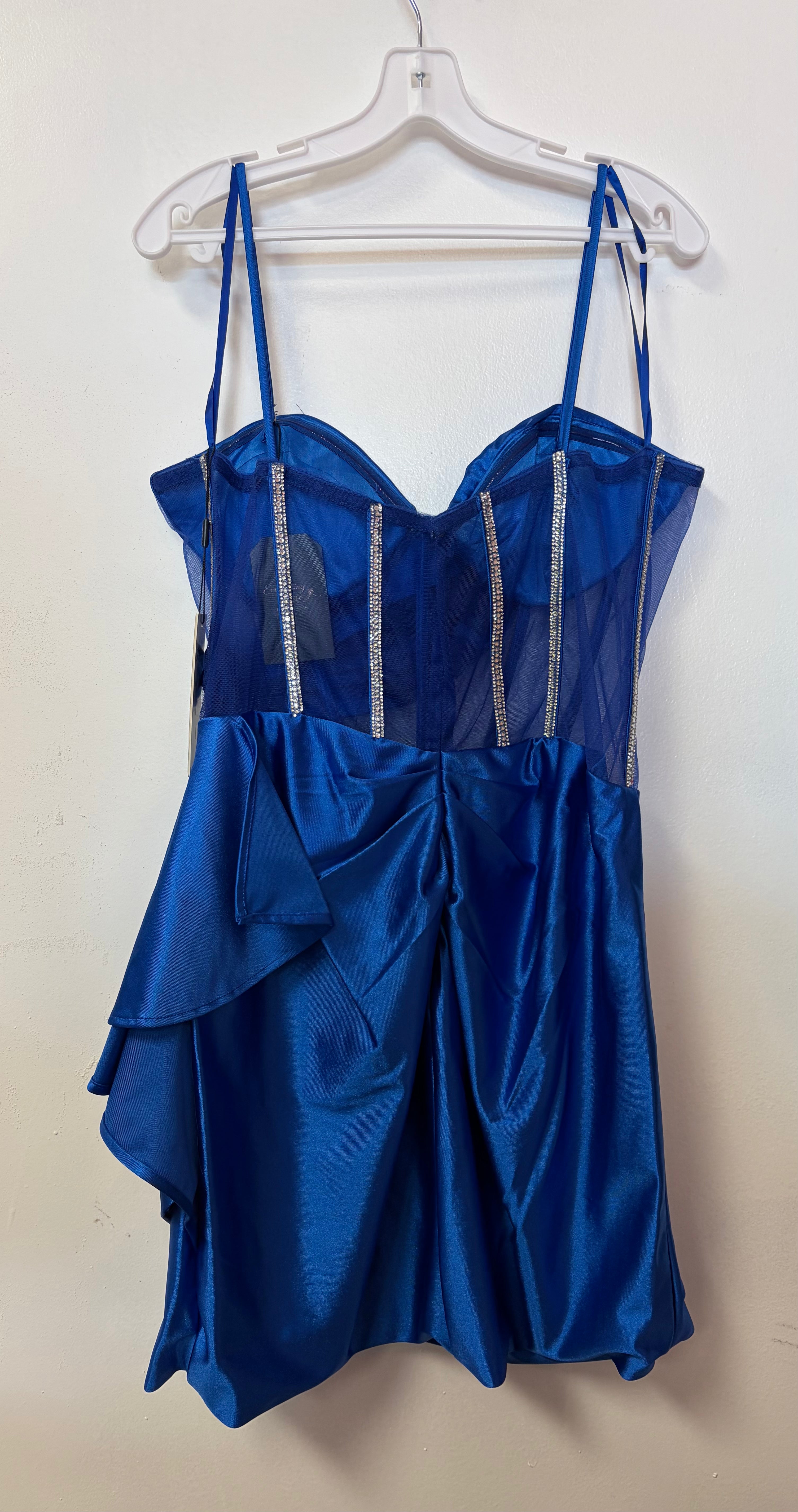 Adora 1064 Royal Blue Satin Corset Homecoming Dress with Rhinestone Boning and Draped Skirt