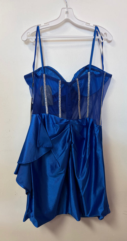 Adora 1064 Royal Blue Satin Corset Homecoming Dress with Rhinestone Boning and Draped Skirt