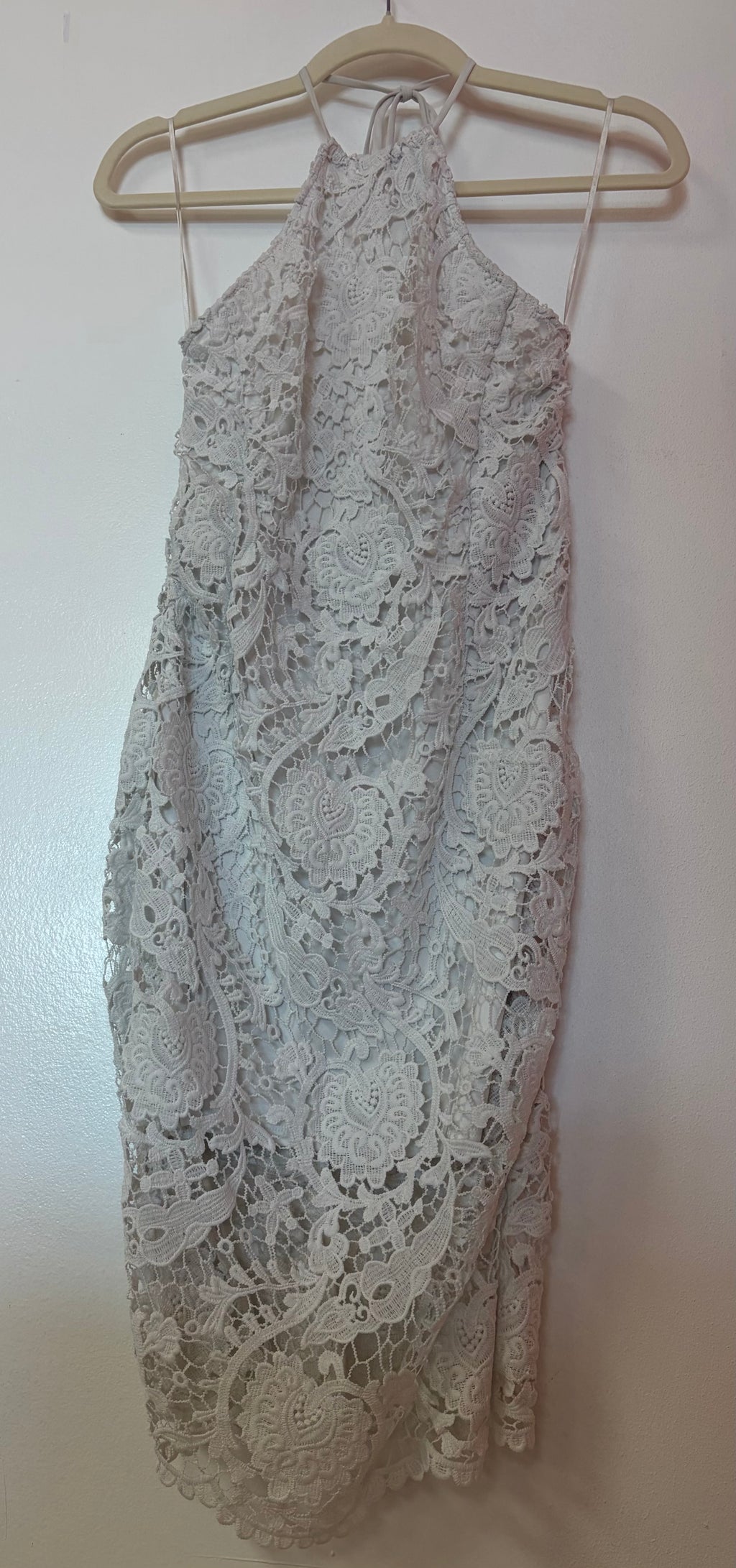 Express Ivory Lace Halter Sheath Dress with Crochet Lace Overlay