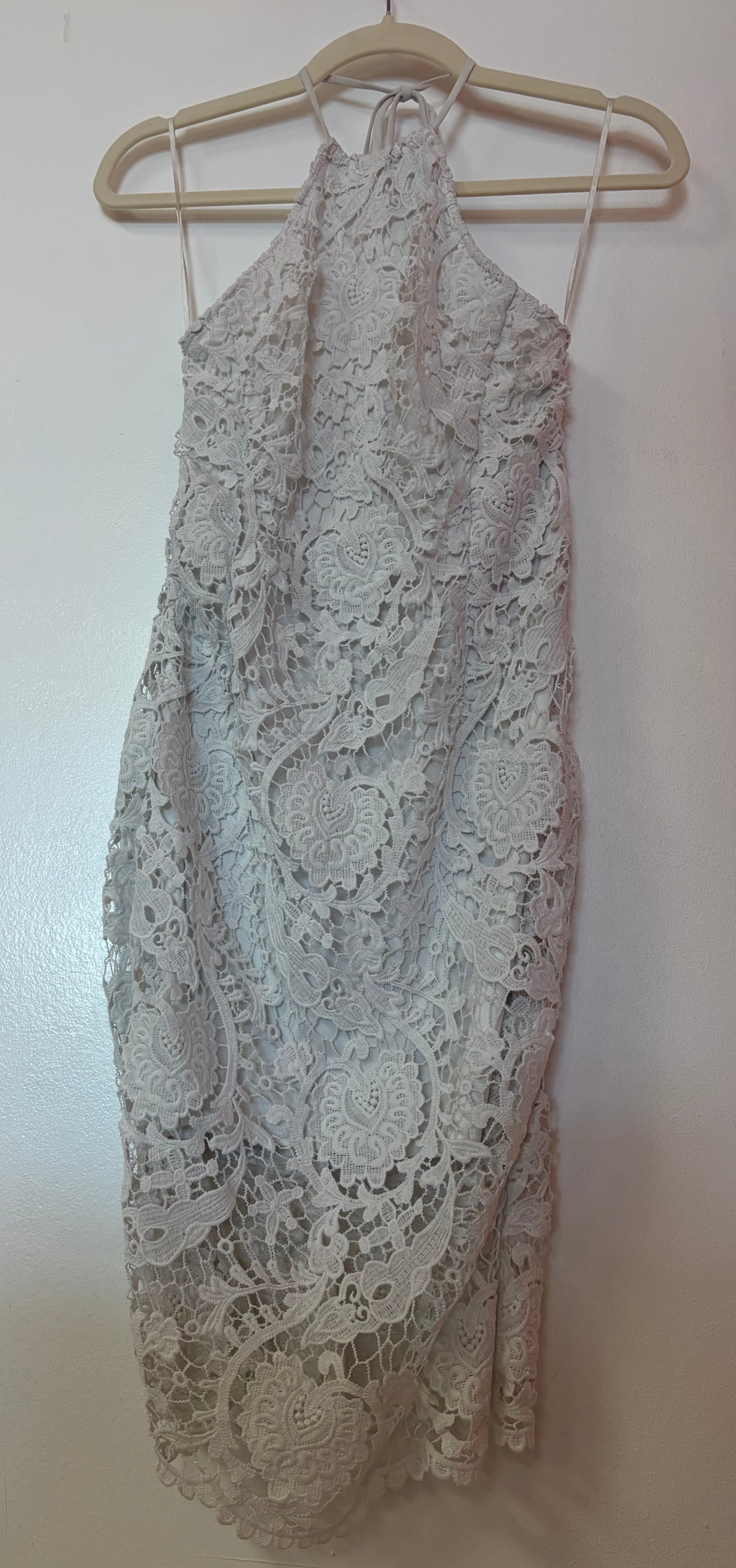 Express Ivory Lace Halter Sheath Dress with Crochet Lace Overlay