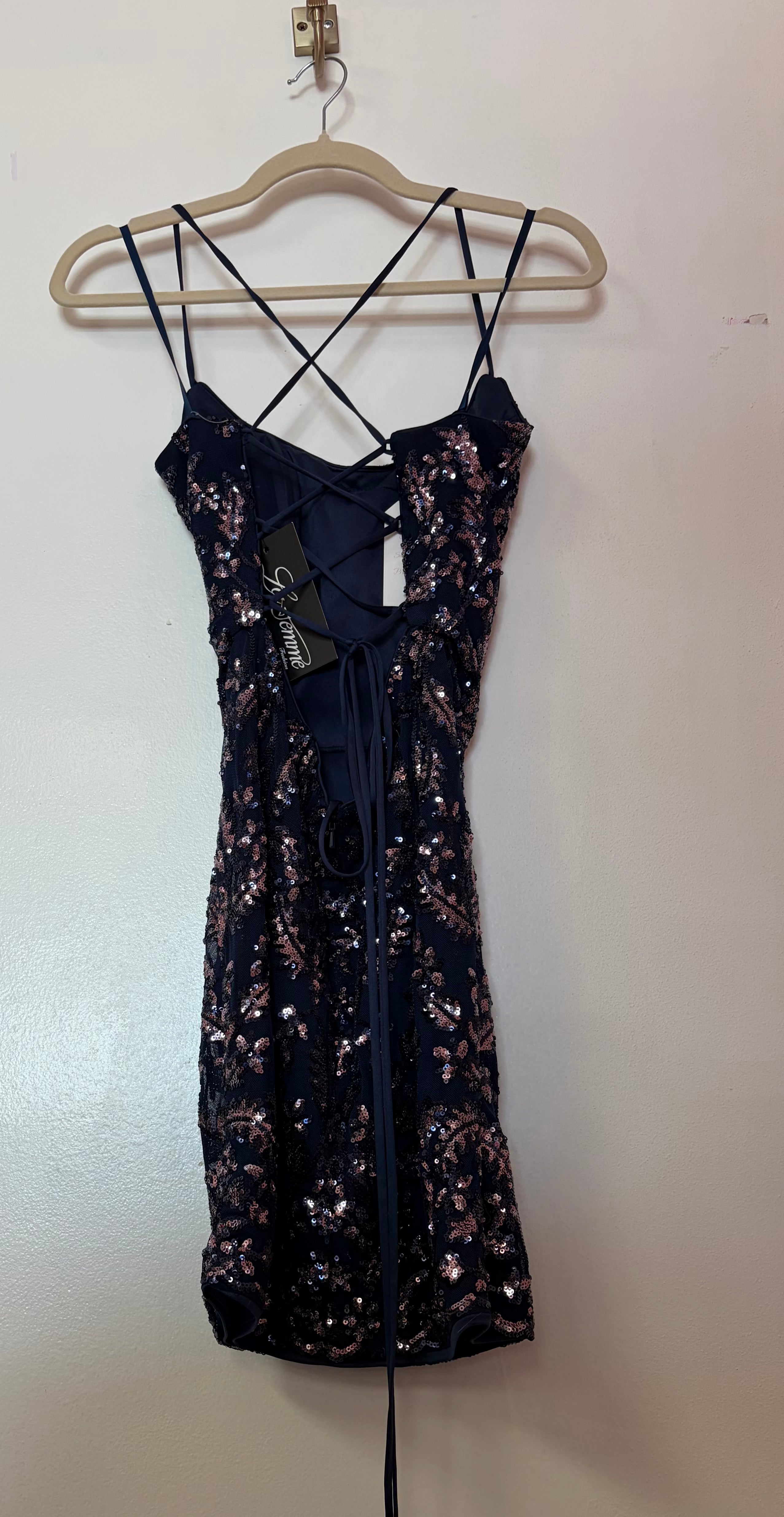 La Femme 30149 Indigo Sequin Lace-Up Back Homecoming Dress