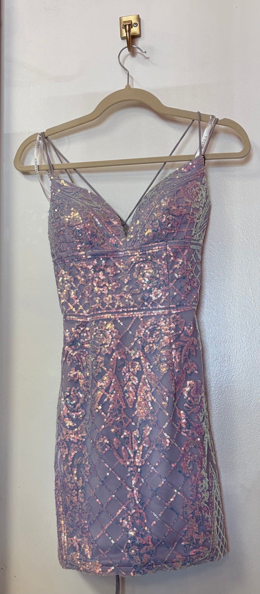 Amarra Lavender Sequin V‑Neck Short Dress Lace‑Up Back