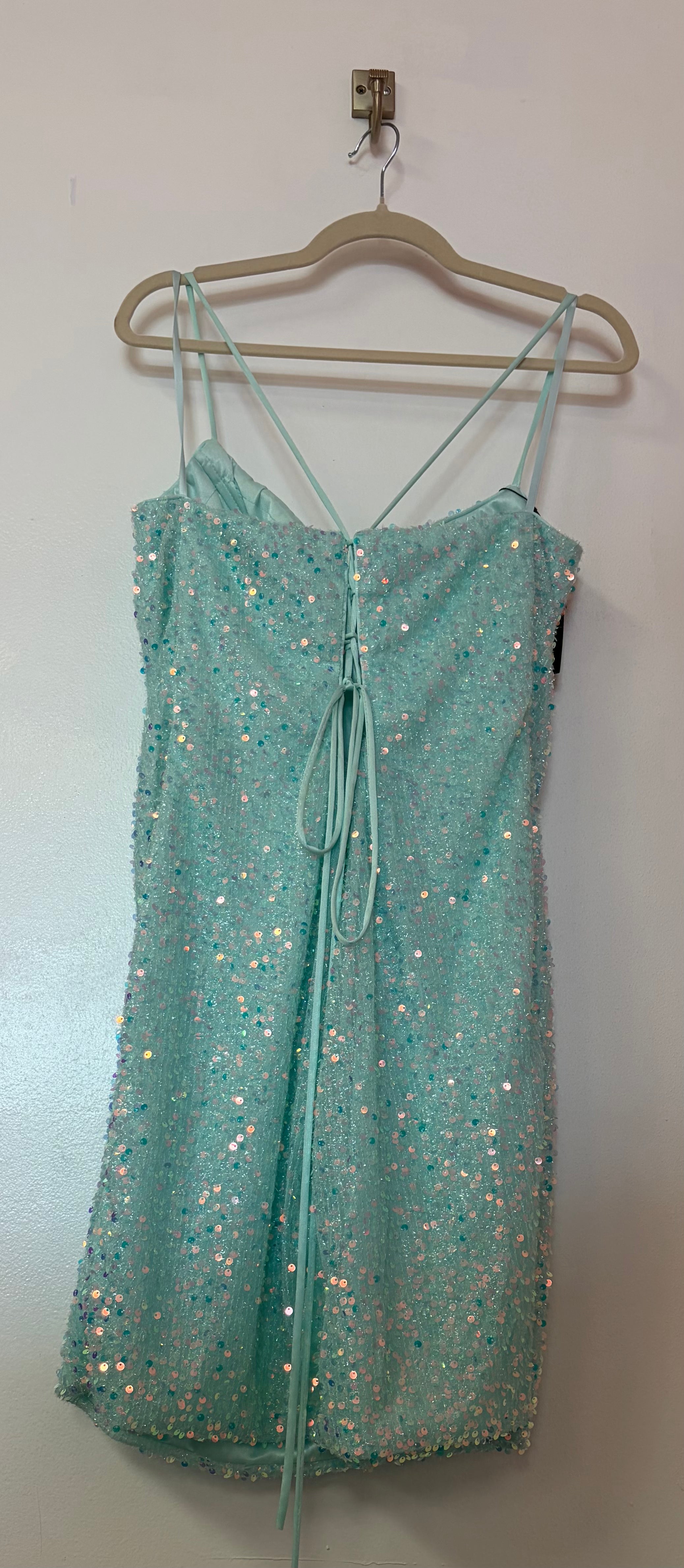 Adora 1011 Aqua Iridescent Sequin Homecoming Dress with Open Strap Back