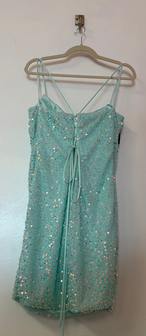 Adora 1011 Aqua Iridescent Sequin Homecoming Dress with Open Strap Back