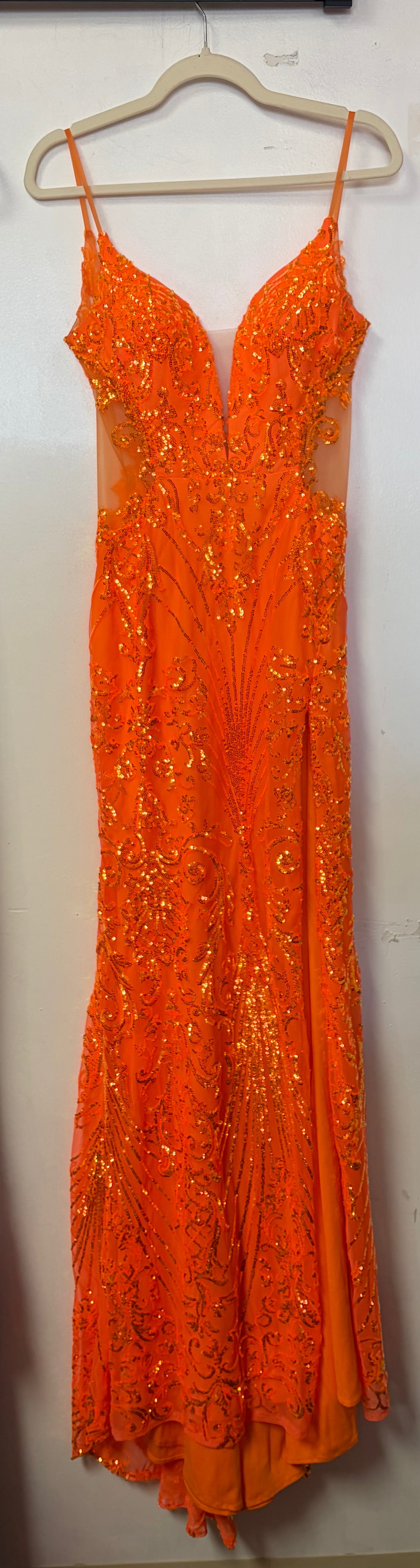 Alyce Paris Orange Sequin Gown with Sheer Sides