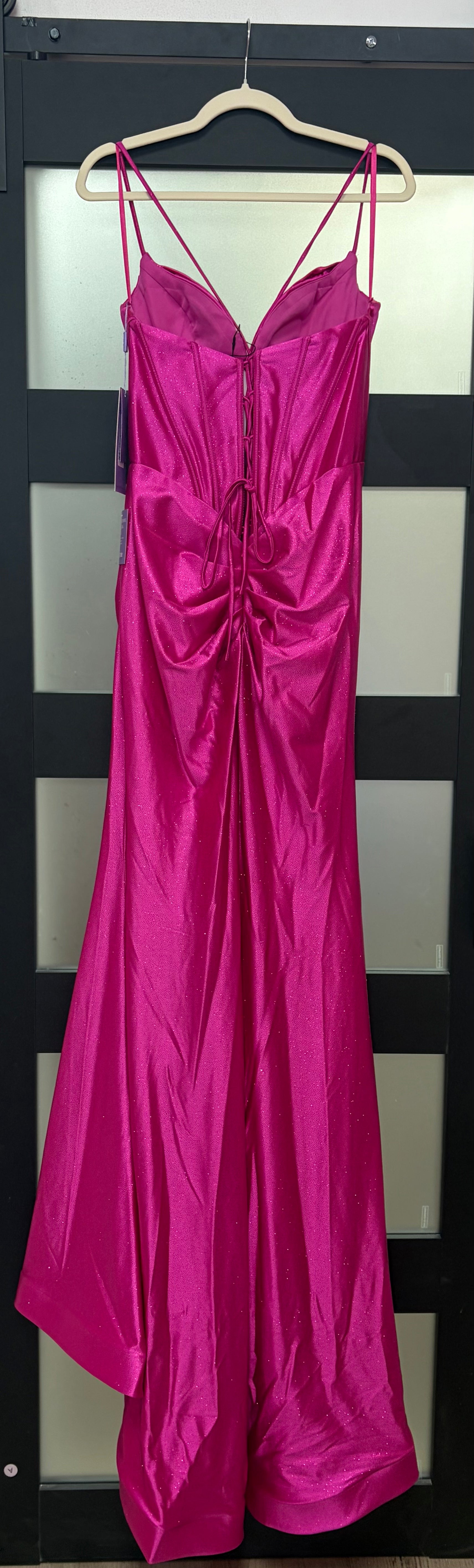LaDivine CC2397 Hot Pink Glitter Satin Corset Prom Dress with Lace-Up Back