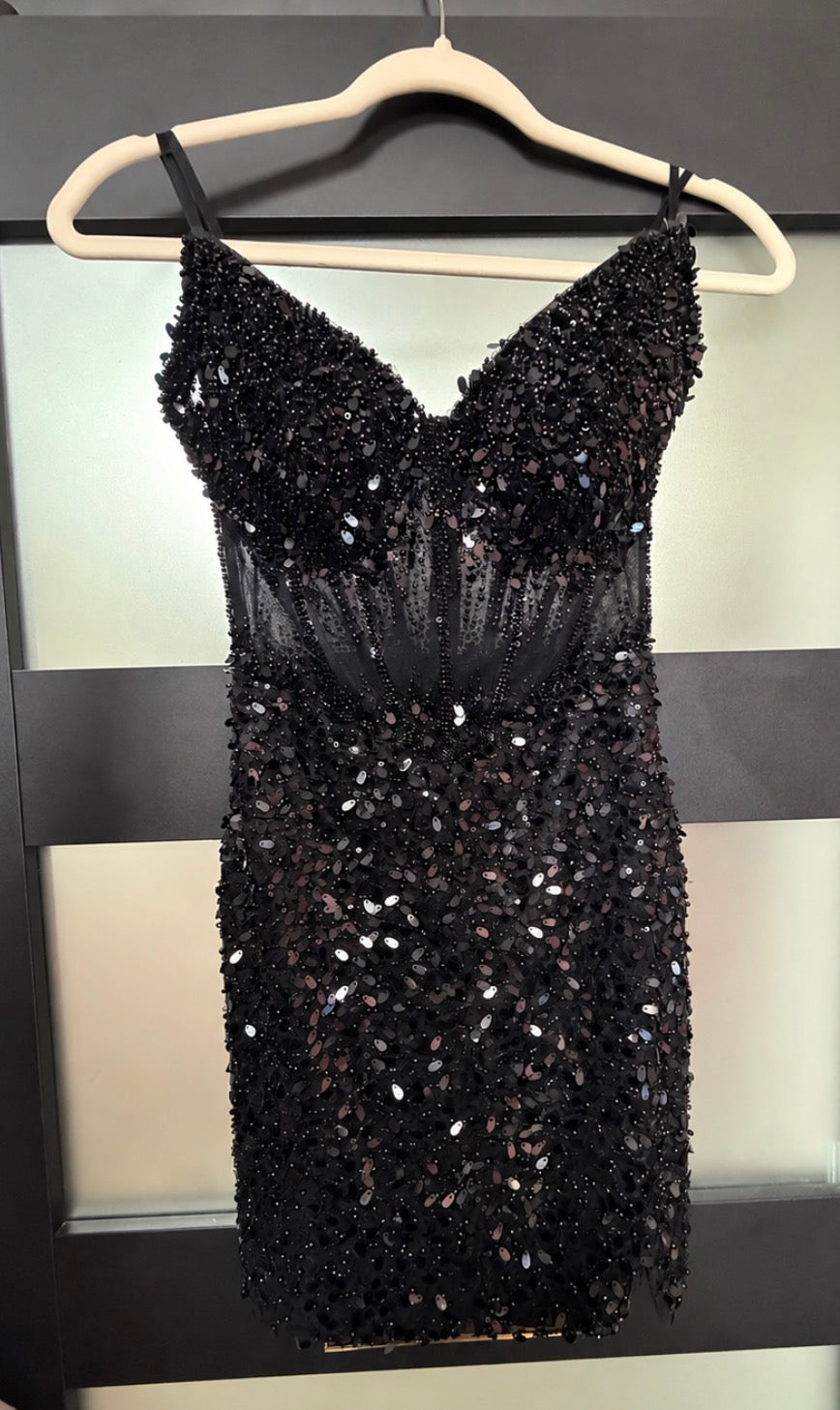 LaDivine CC332 Black Beaded Corset Mini Dress