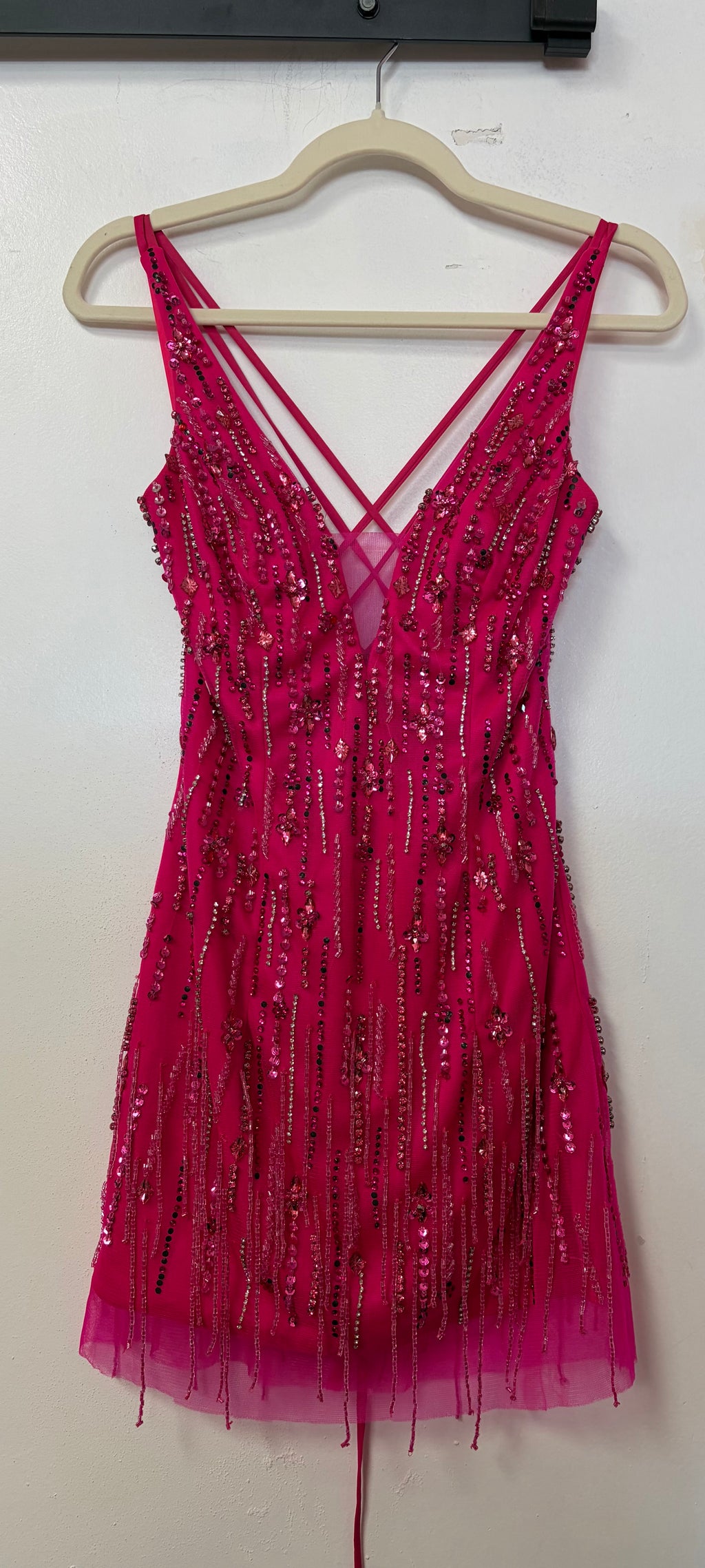 Colors Dress 2830 Hot Pink Beaded Lace-Up Homecoming Dress