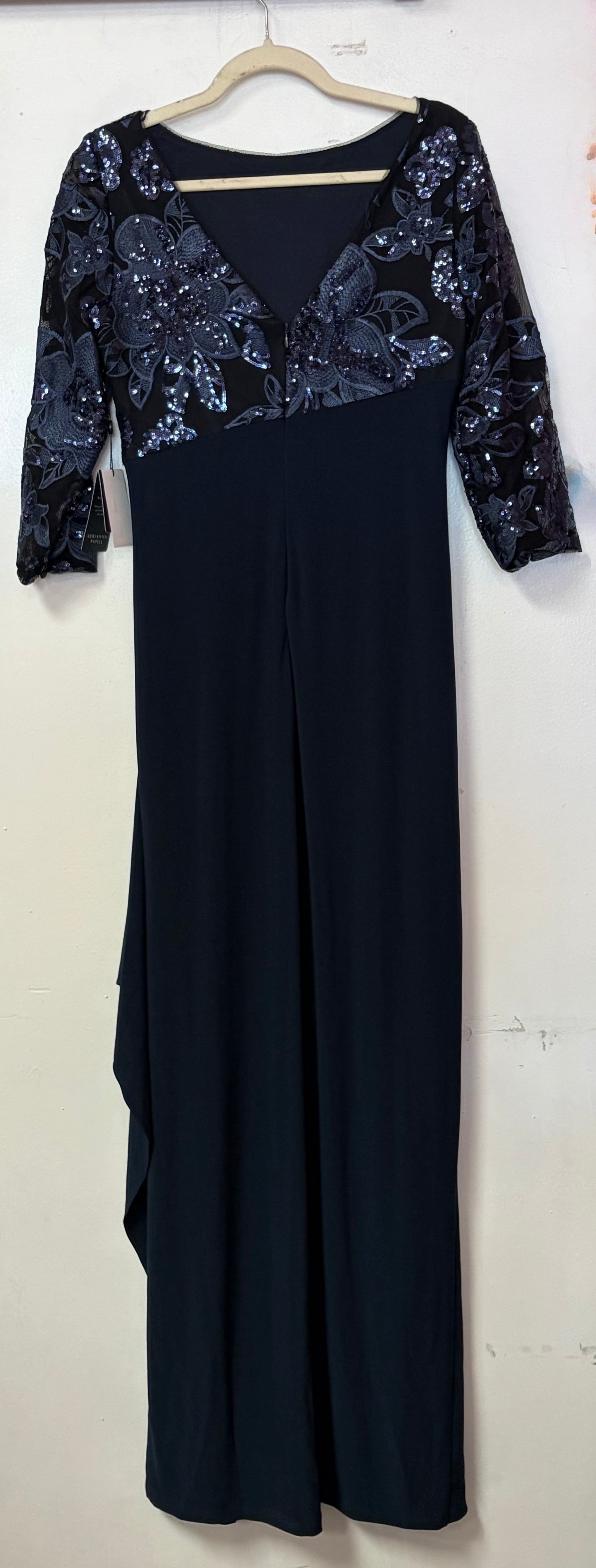 Adrianna Papell Navy Floral Sequin Evening Gown
