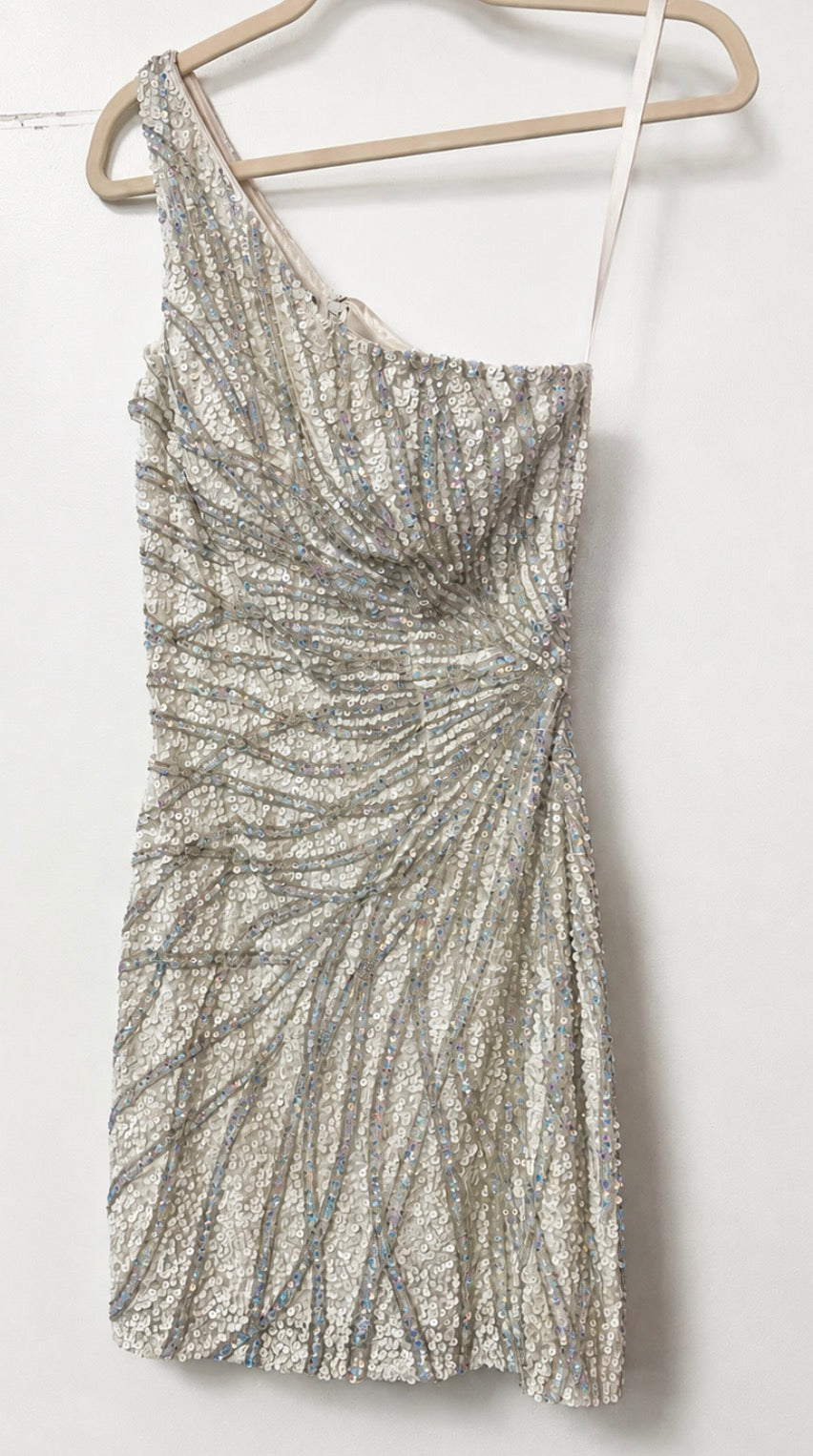 Primavera 4021 Ivory Iridescent Sequin One-Shoulder Homecoming Dress