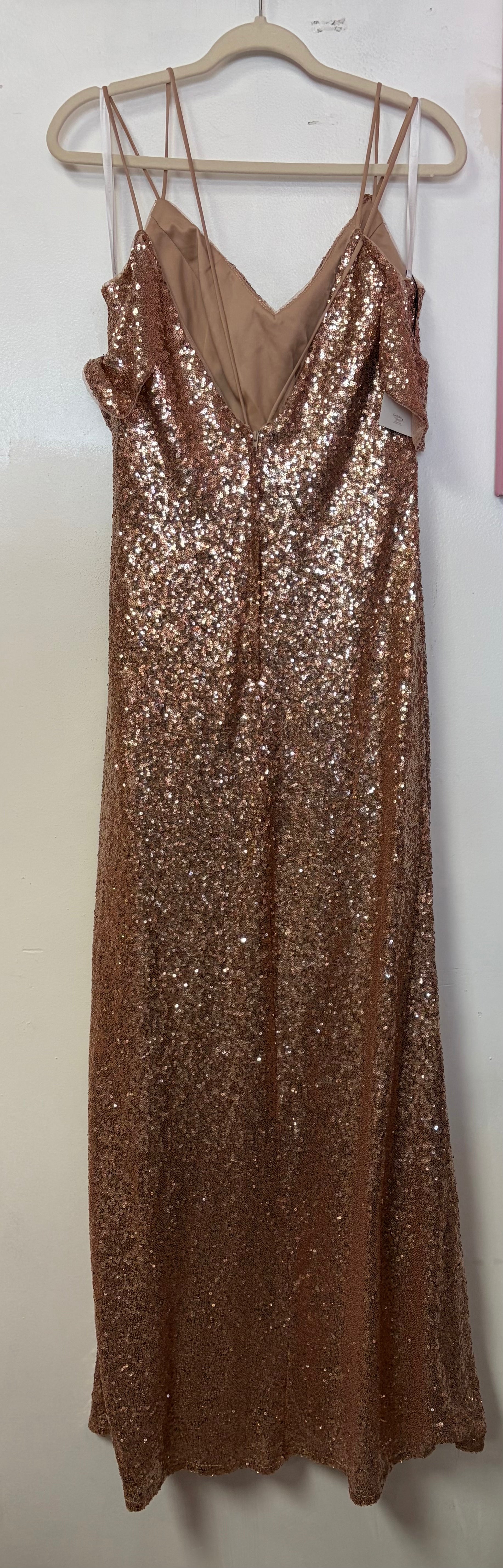 Christina Wu Rose Gold Sequin Cold-Shoulder Formal Gown
