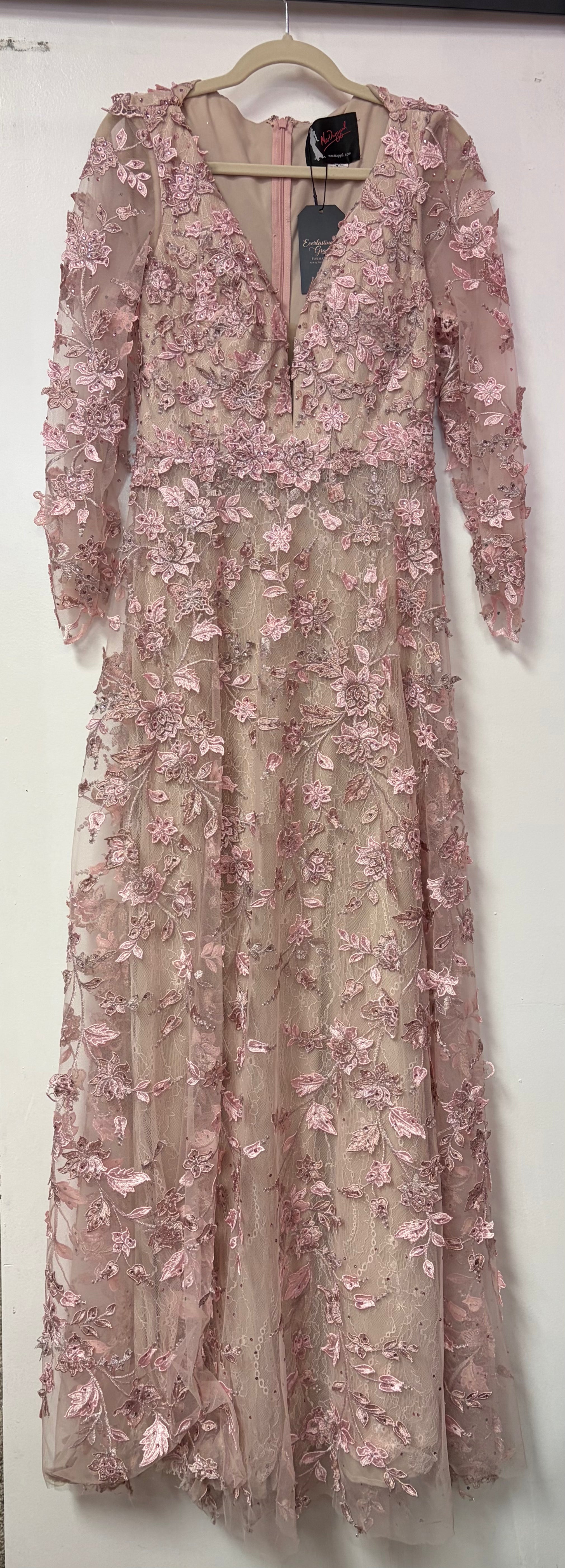 Mac Duggal 70224 Rose Pink Floral Appliqué Long Sleeve Illusion Formal Gown