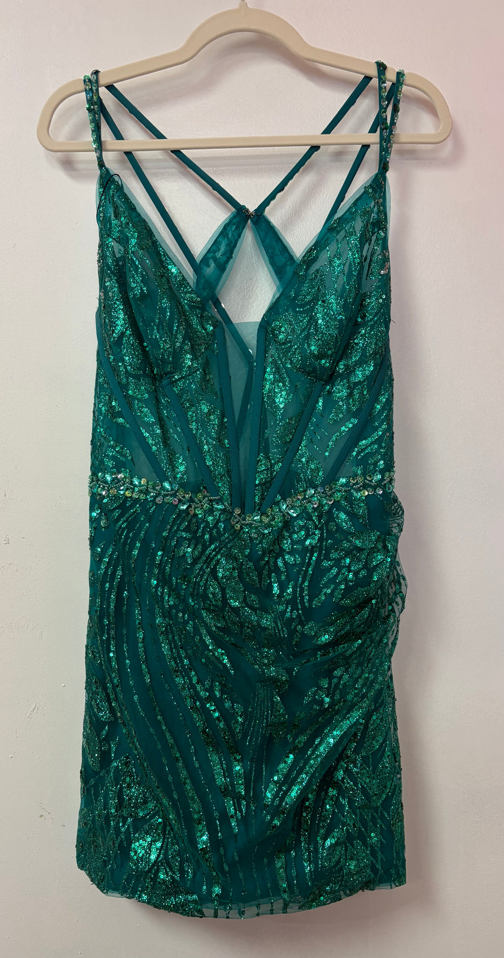 Zapaka Emerald Green Glitter Homecoming Dress with Illusion Corset Bodice and Beaded Waist