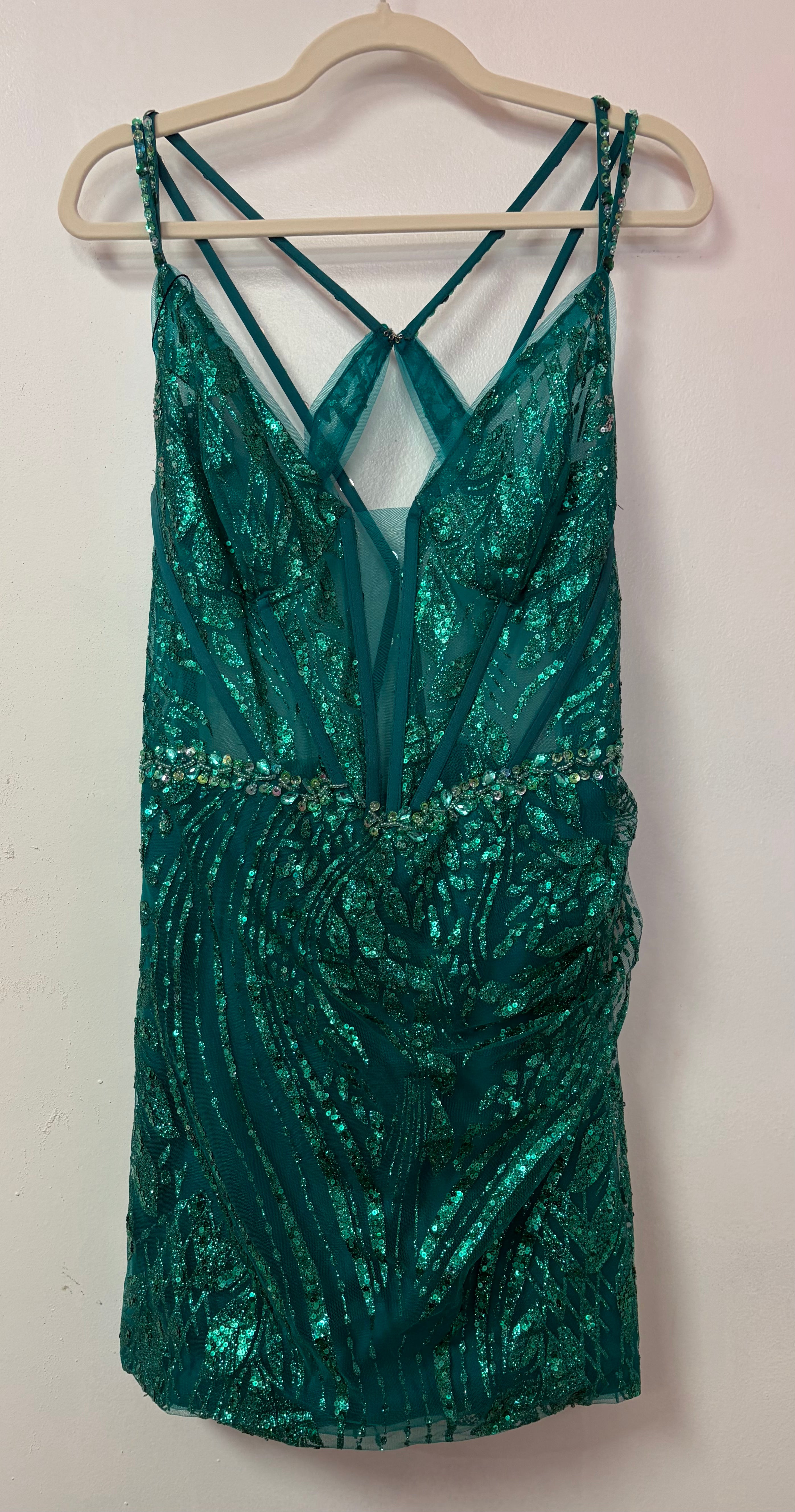 Zapaka Emerald Green Glitter Homecoming Dress with Illusion Corset Bodice and Beaded Waist
