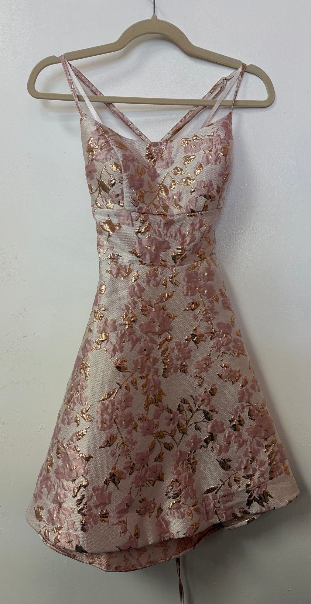 B Darlin Blush Pink Floral Jacquard Homecoming Dress with Rose Gold Metallic Details