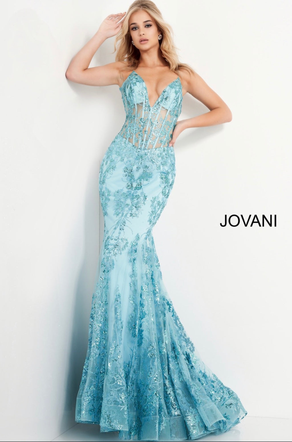 Jovani 3675 Aqua Beaded Mermaid Prom Dress with Sheer Corset Bodice
