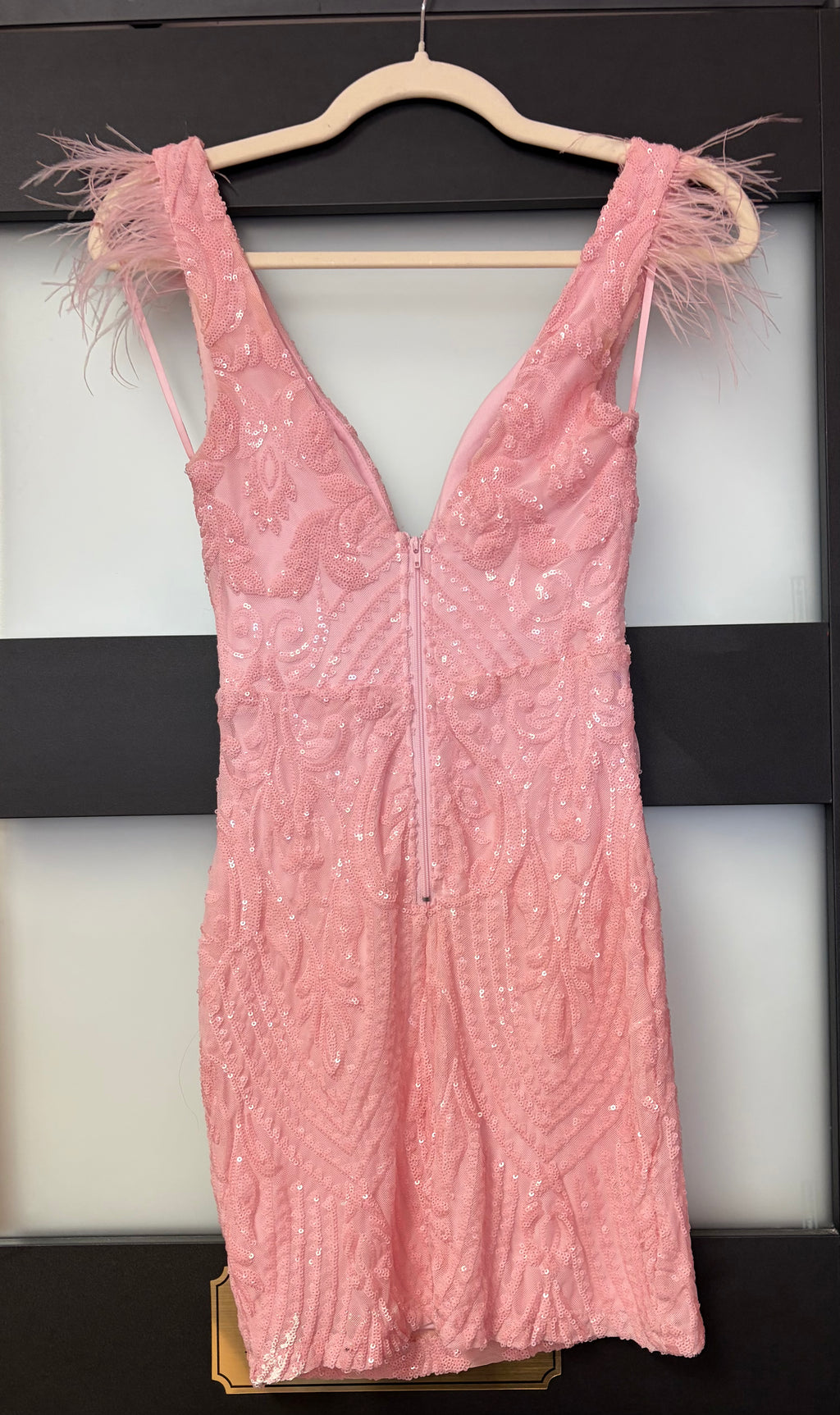 Windsor Blush Pink Sequin Feather Shoulder Mini Dress