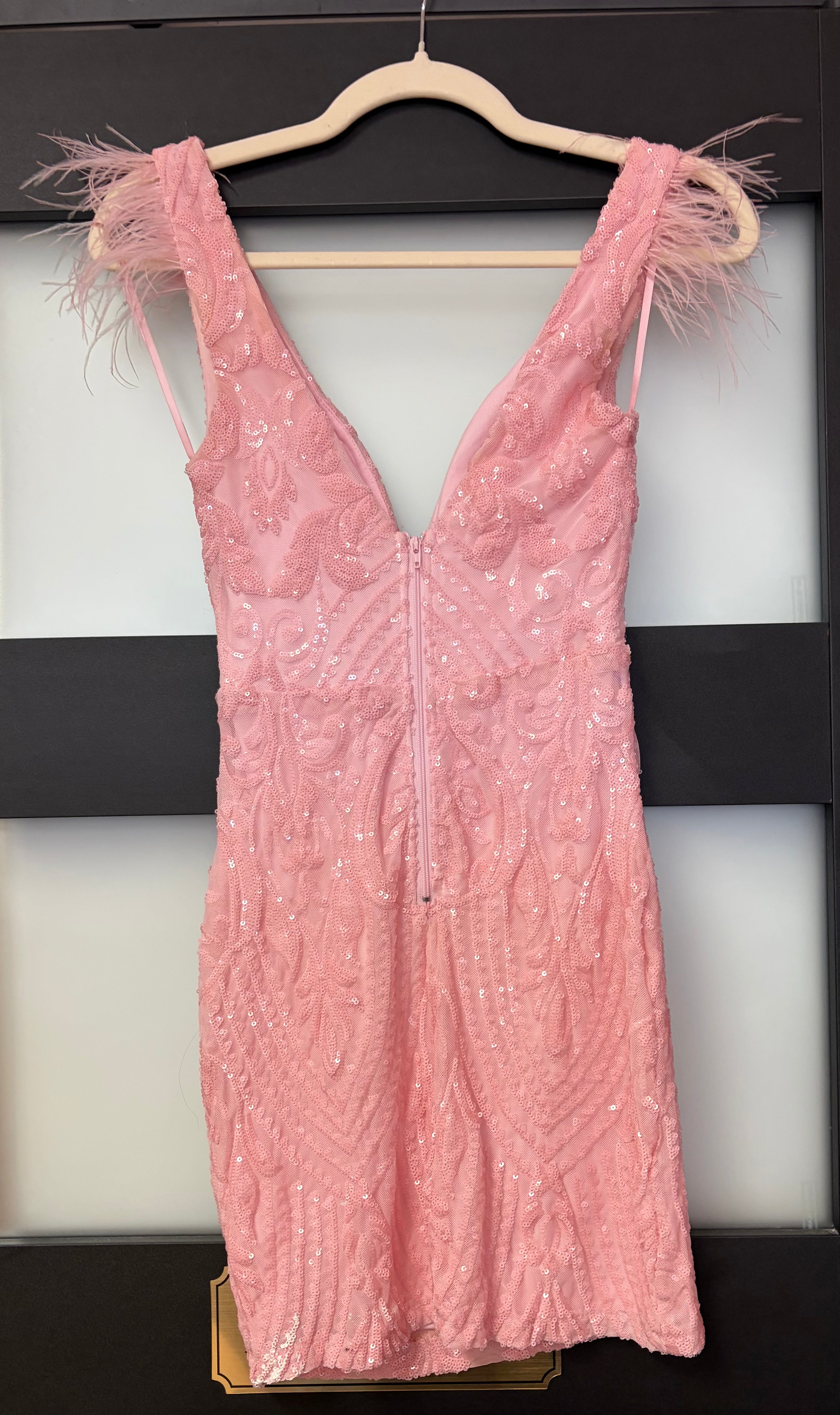 Windsor Blush Pink Sequin Feather Shoulder Mini Dress