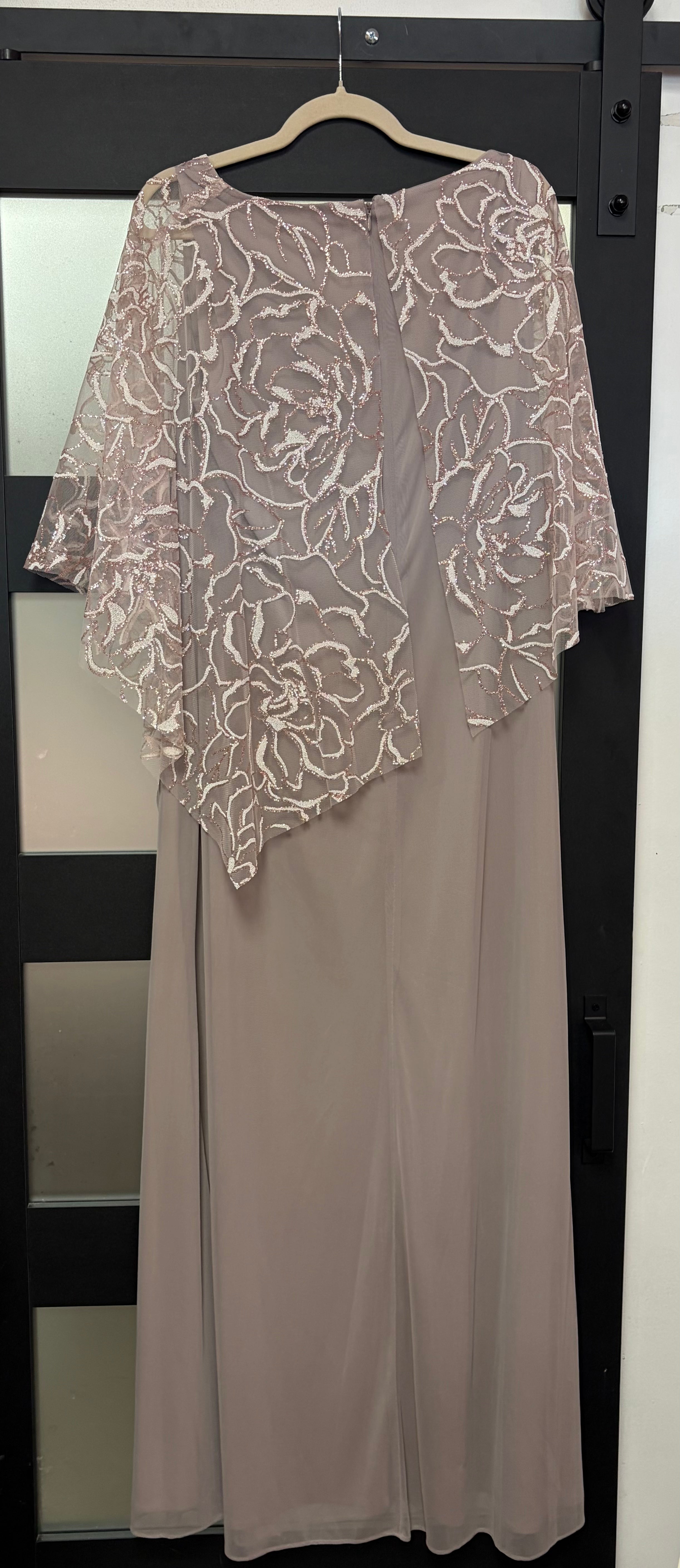Ignite Evenings Taupe Sequin Floral Capelet Evening Gown
