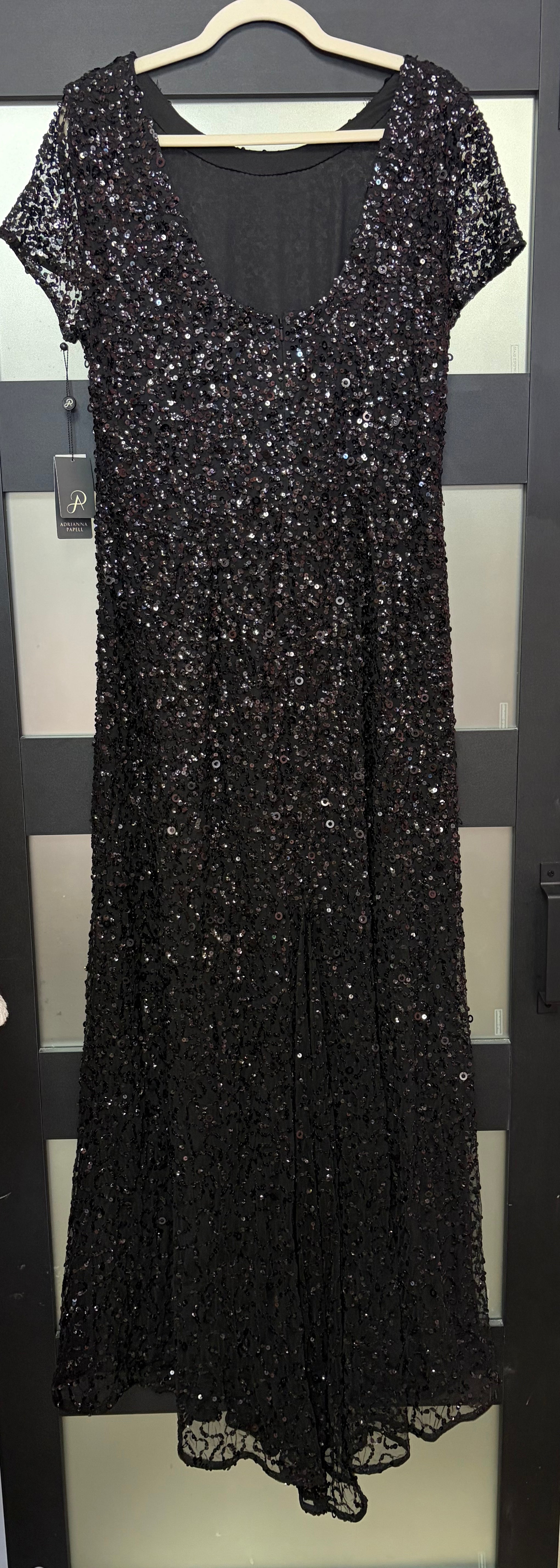 Adrianna Papell Black Sequin Lace Short Sleeve Evening Gown