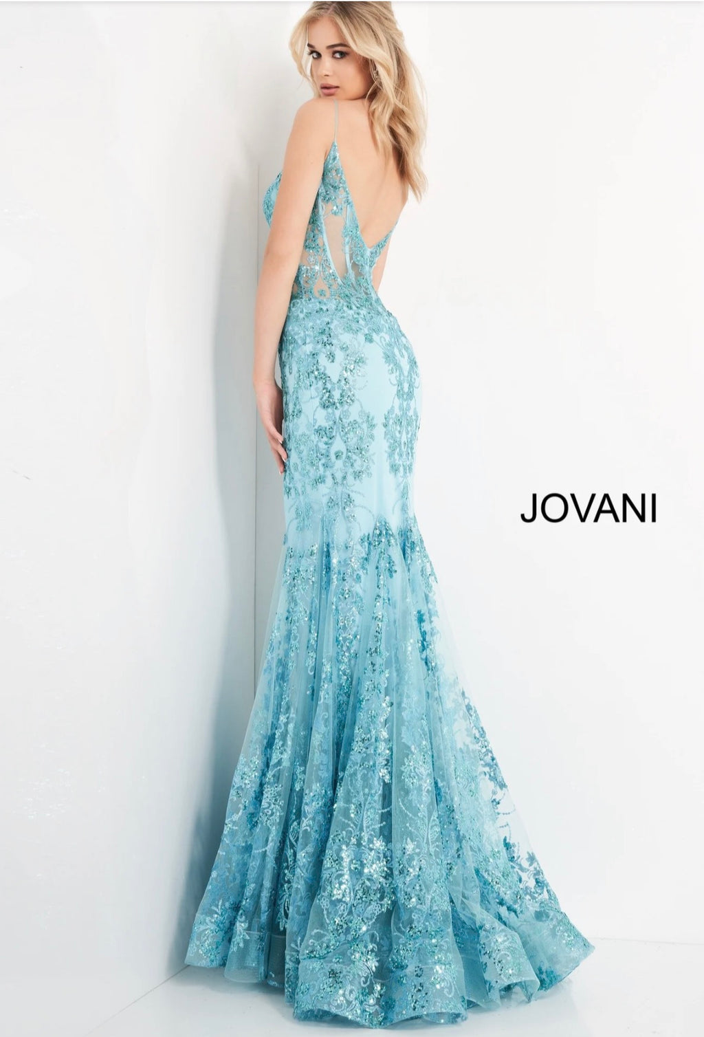 Jovani 3675 Aqua Beaded Mermaid Prom Dress with Sheer Corset Bodice