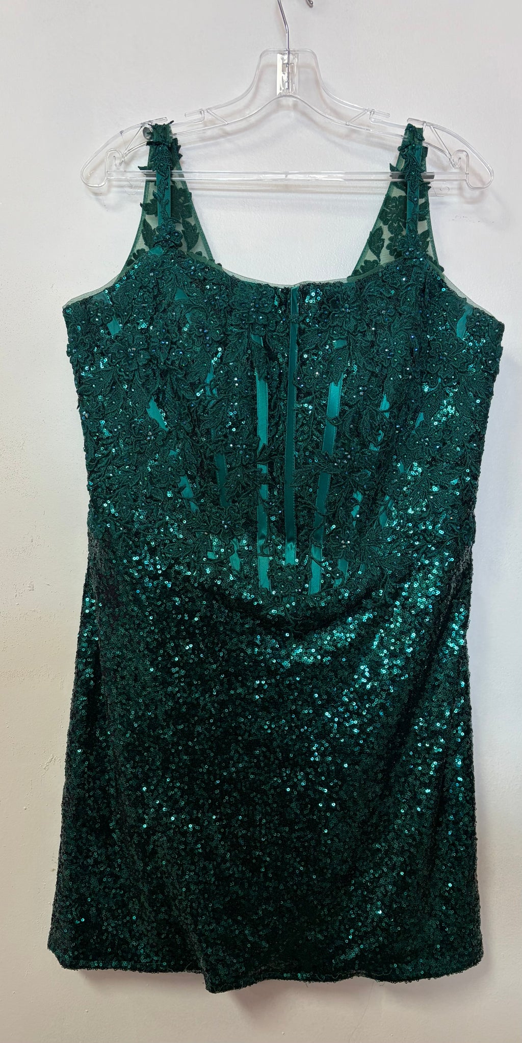 Jonathan Kayne for Sydney’s Closet JK2503 Emerald Sequin Cocktail Dress with Corset Bodice and Glitter Finish