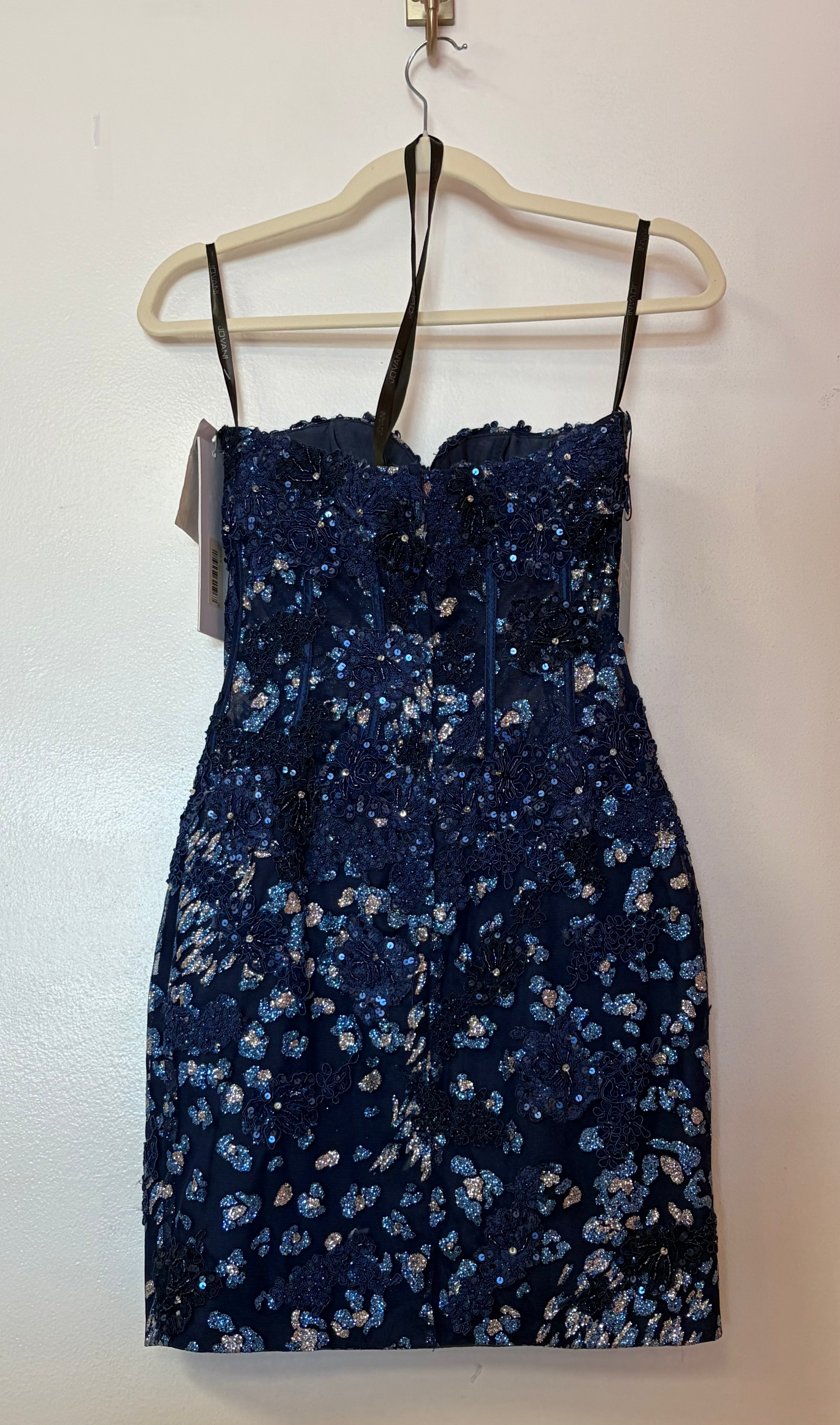 Jovani Navy Blue Floral Sequin Corset Cocktail Dress
