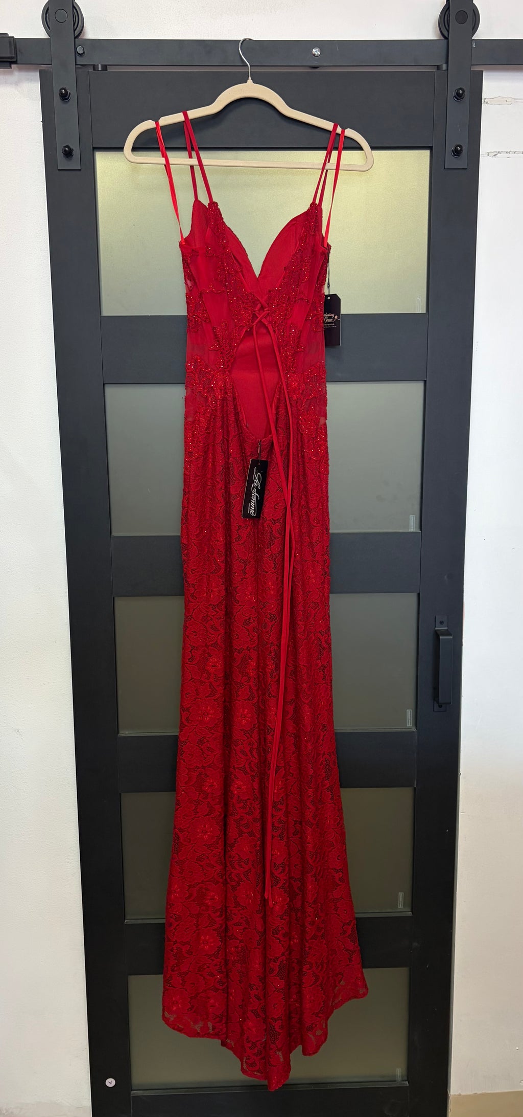 La Femme 29694 Red Lace Open-Back Gown