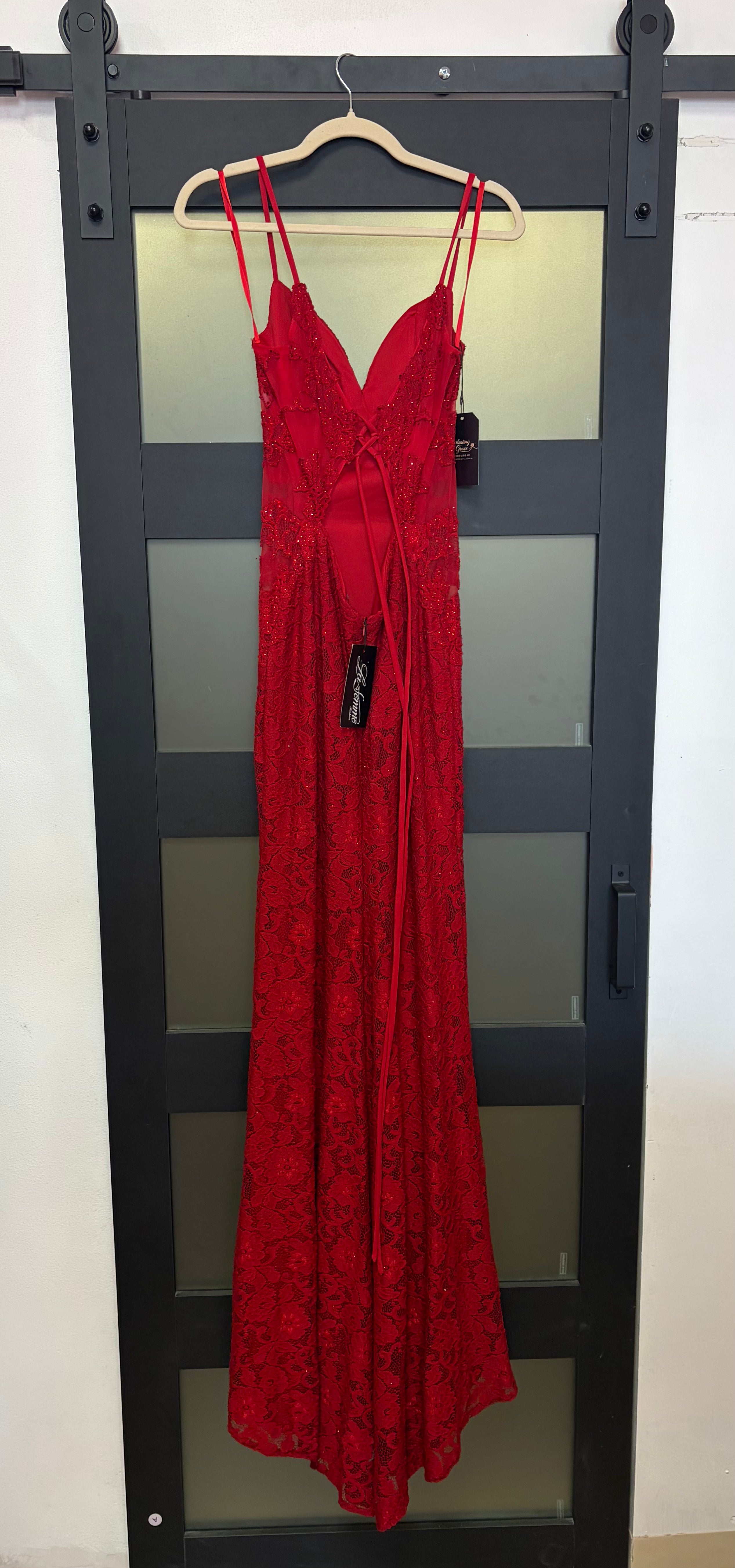 La Femme 29694 Red Lace Open-Back Gown
