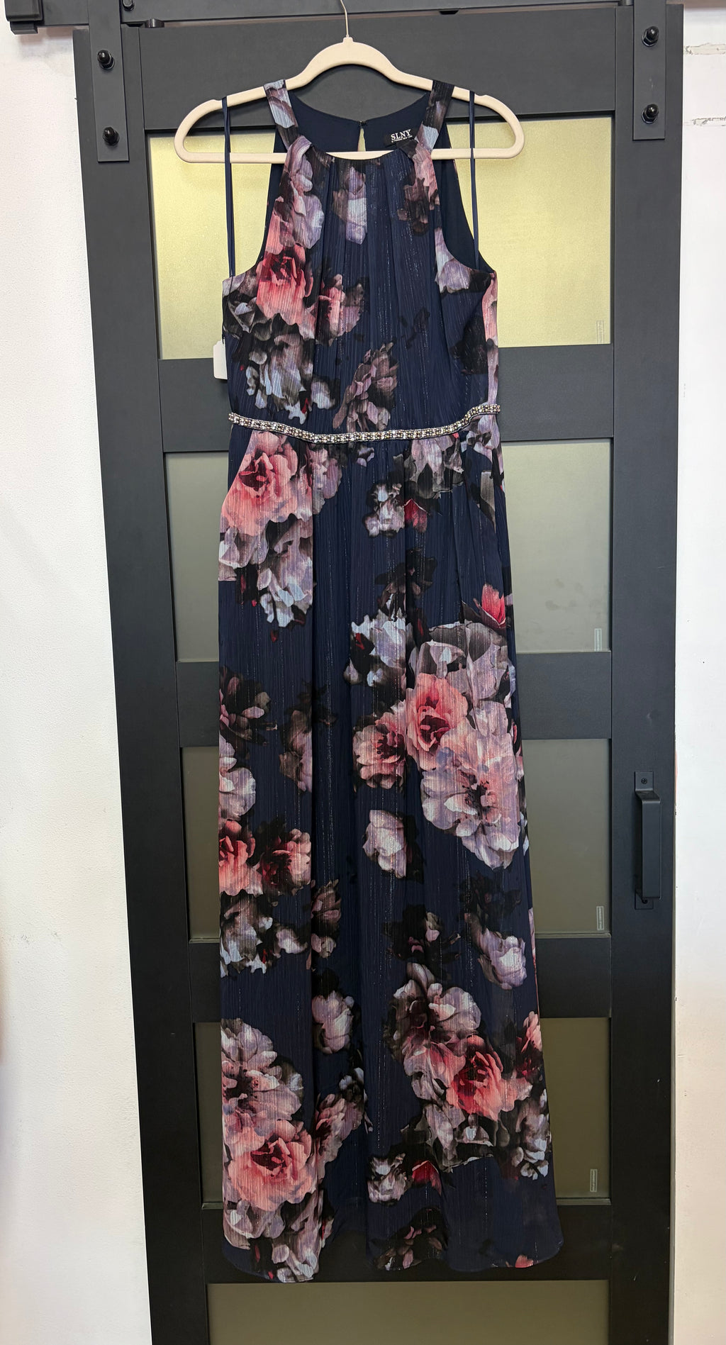 SLNY Navy Floral Chiffon Evening Gown